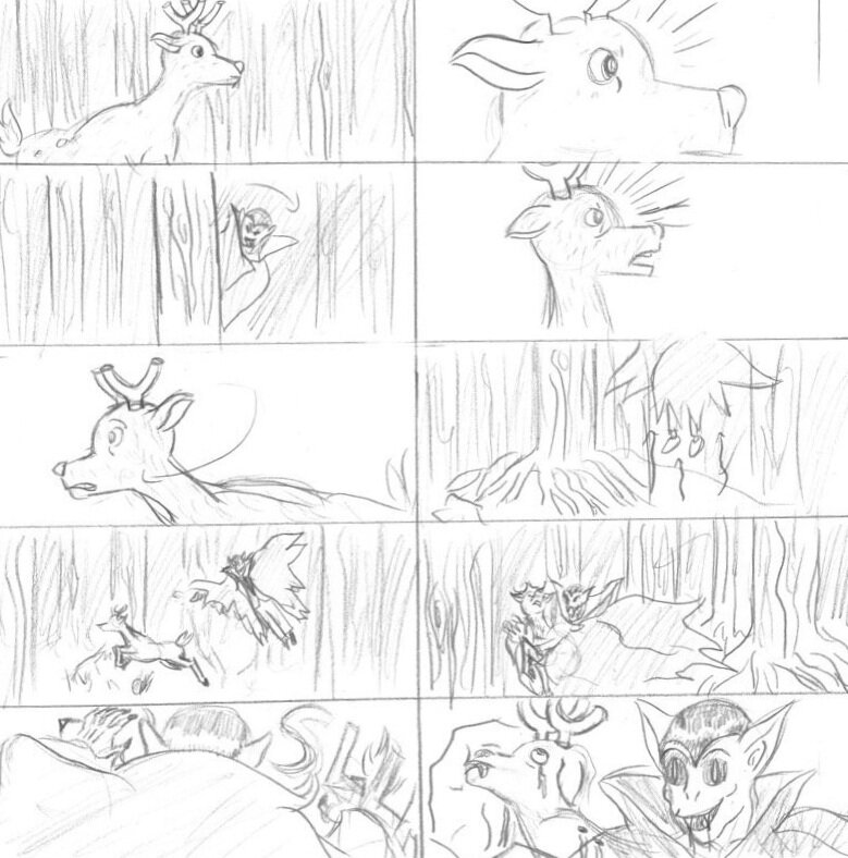 Prey Dear Pencil, 2018 A storyboard assignment from VIS 110D in UCSD on creating a story board based on causality. The setting is in a forest where a deer walking around unfortunately encounters a vampire; the deer spots and runs from the vampir