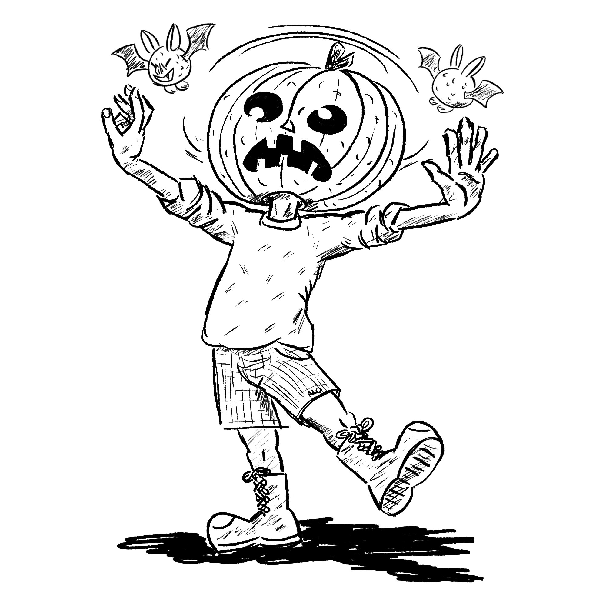 Driven Bats Digital Media, 2020 Inktober/Digitober Challenge. An illustration of the artist with a pumpkin on his driven mad by bats.