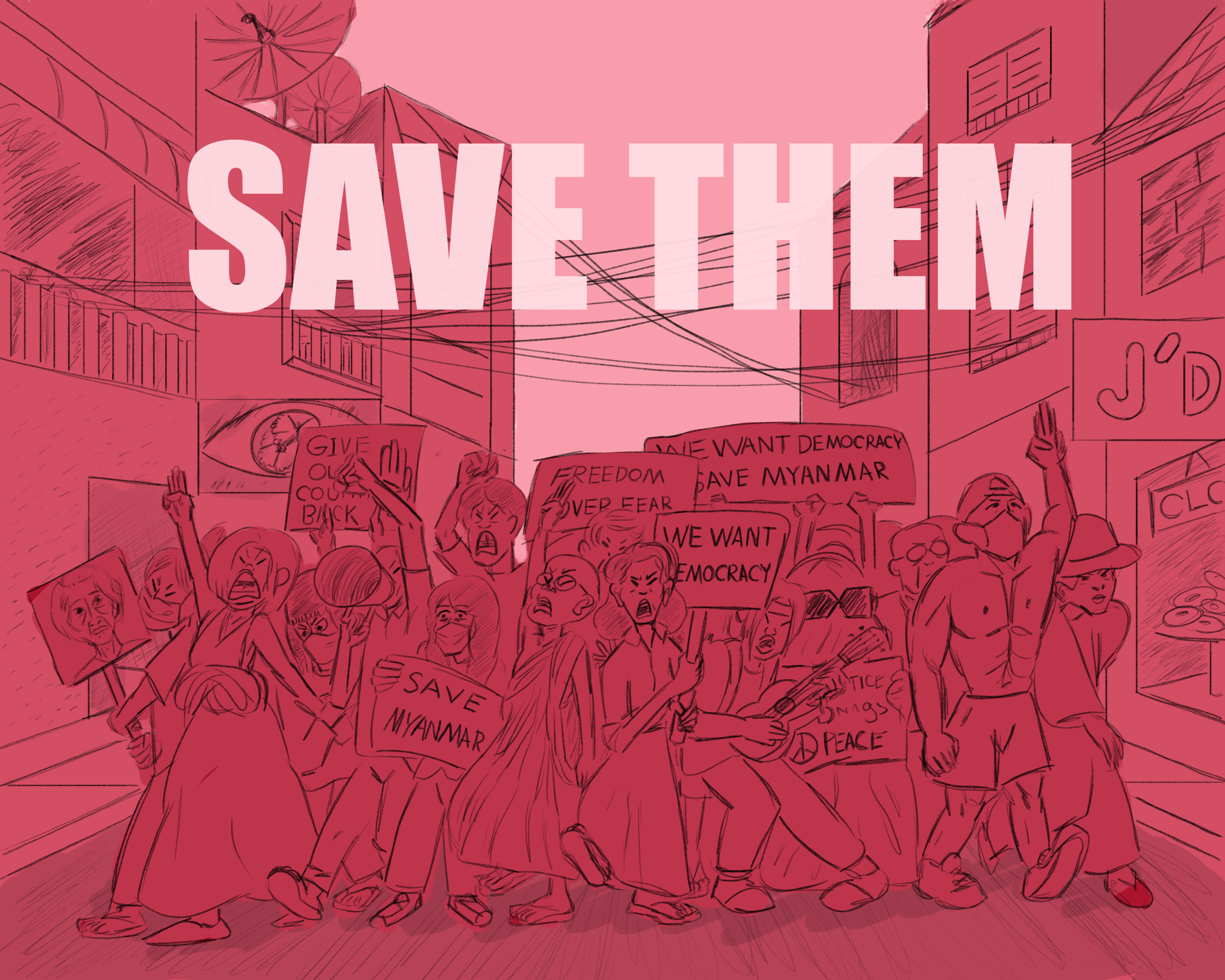 Save Them Digital Media, 2021 Political Protest Illustration of the Military Coup in Myanmar over claims of a false election on February 1st, 2021. The illustration depicts citizens of the country protesting for democracy.