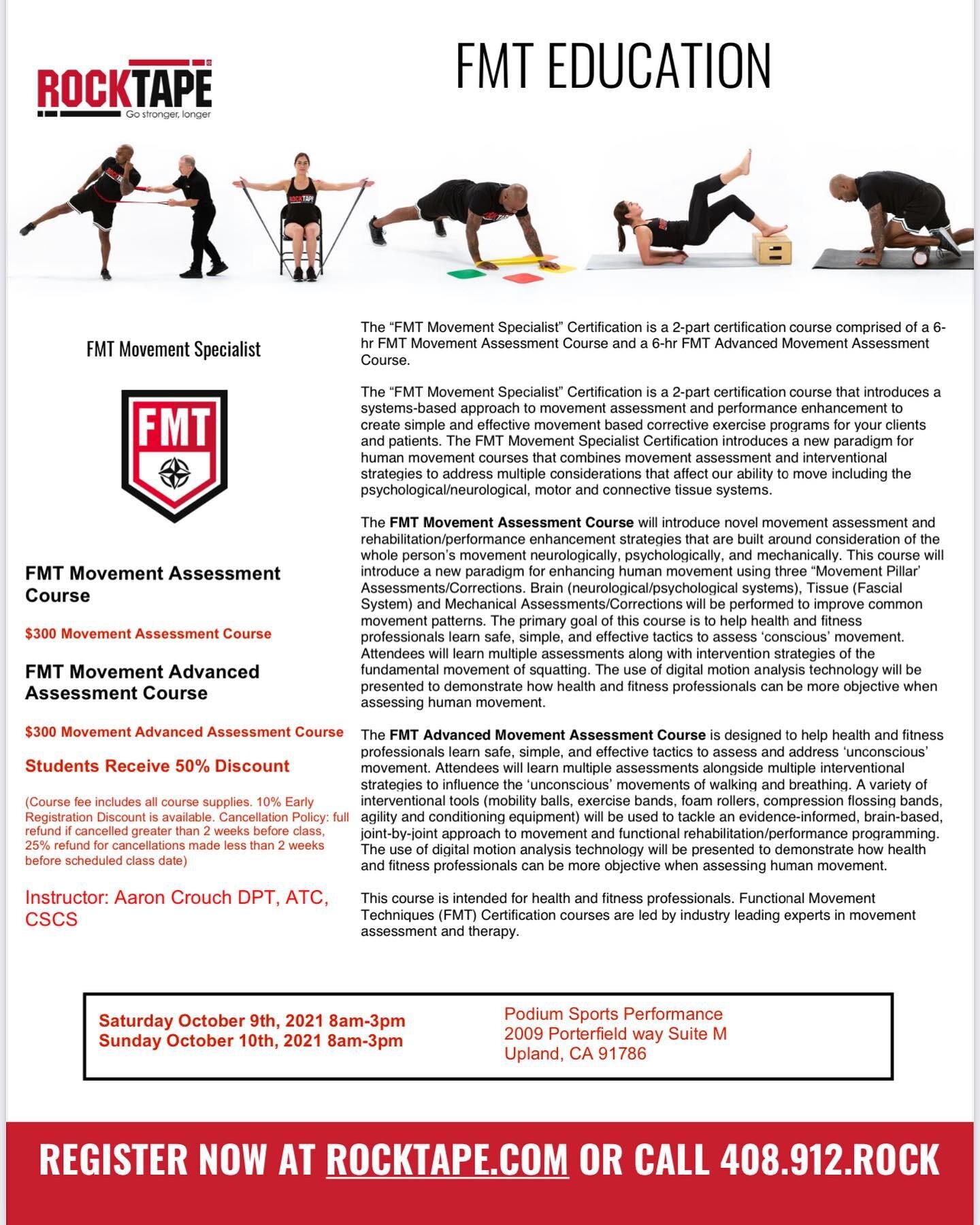 In just over a month, @rocktape will be at Podium Sports Performance with their FMT Movement Assessment and Advanced Movement Assessment course. This course is the foundation of the Rocktape serious so you will not want to miss this. The class is lim