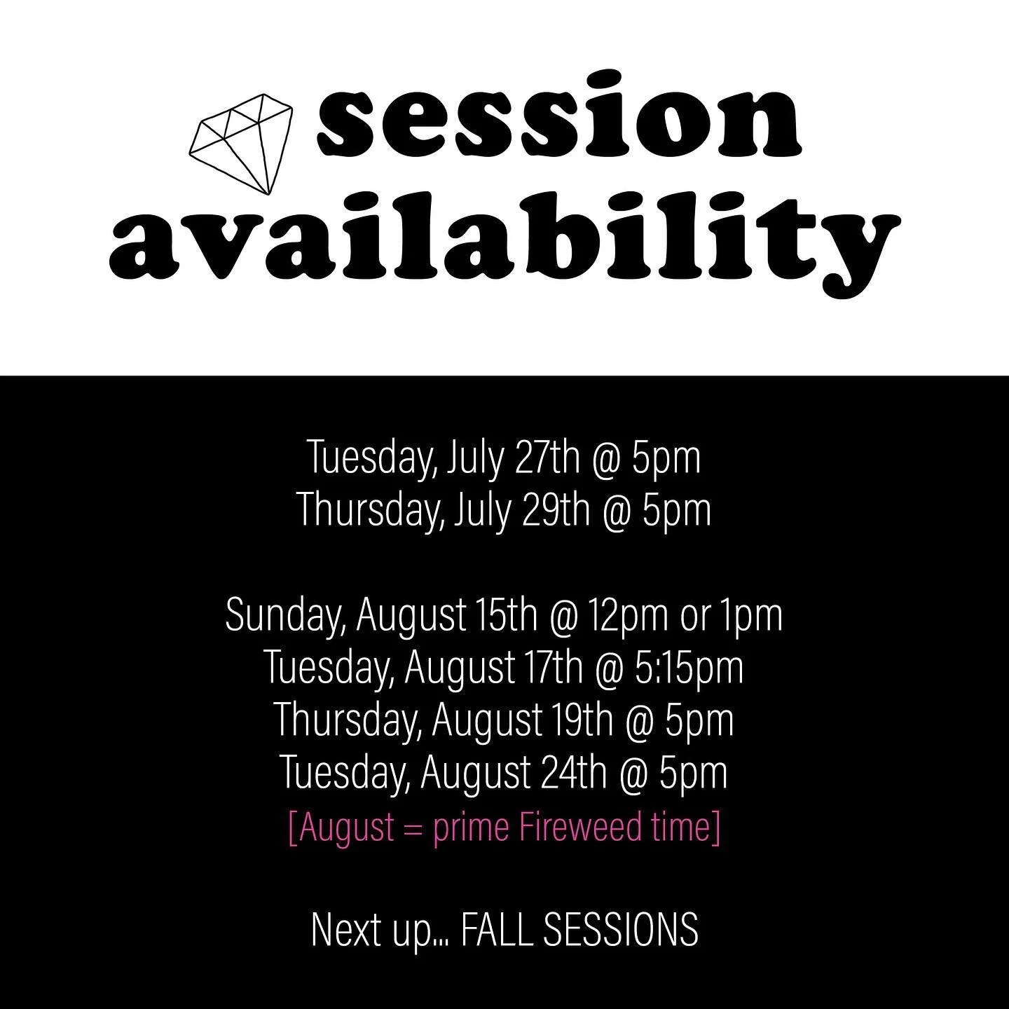 Upcoming session availability! As you know, this is one of my (3) jobs so my time is slightly limited. If you&rsquo;re already scheduled, good on you!! If you&rsquo;re not, let&rsquo;s block out a time for you! 🤍📸