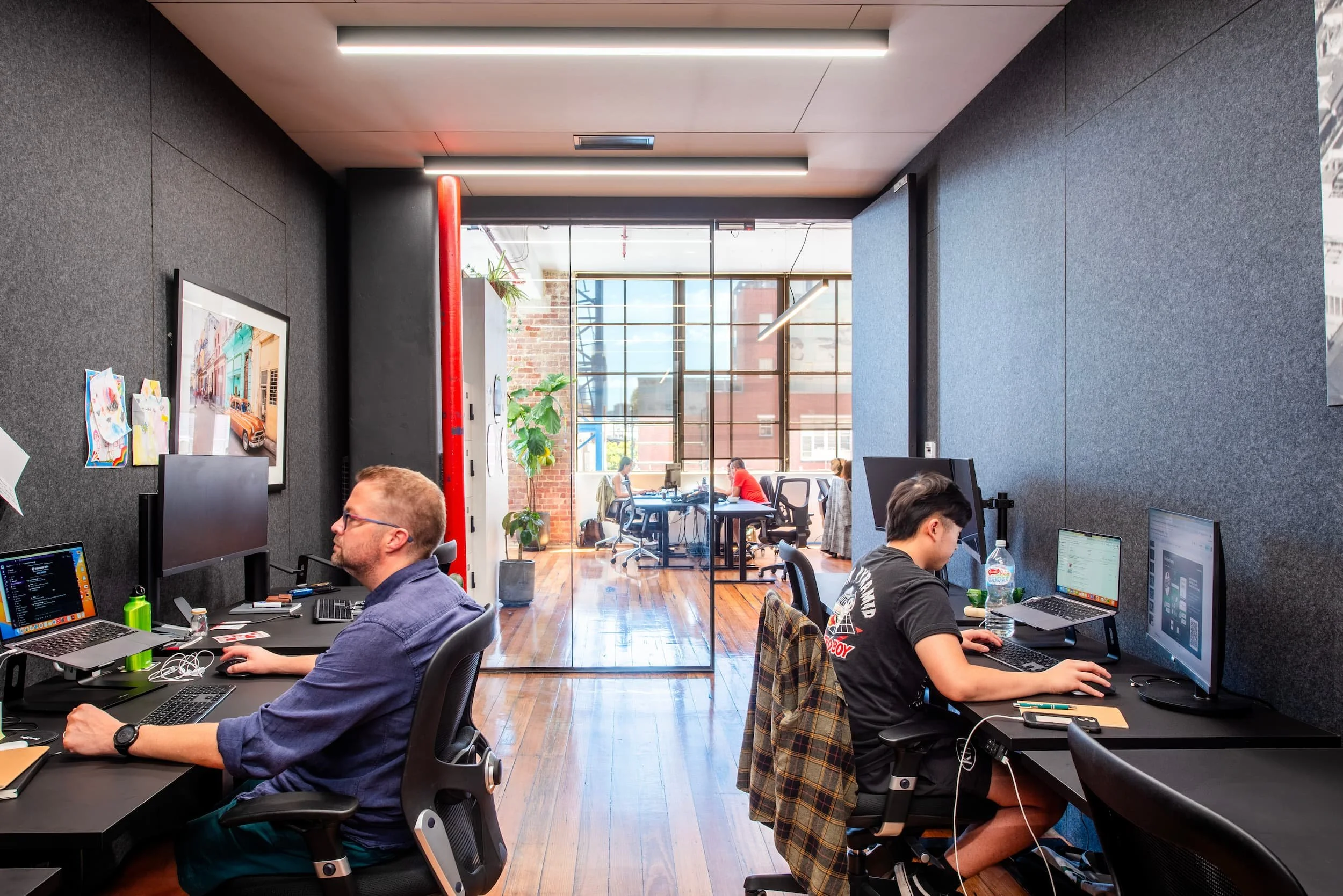 An office with workers working at desks with computers, a glass wall separates the office from a bright area with large windows, brick wall, and plants inside.