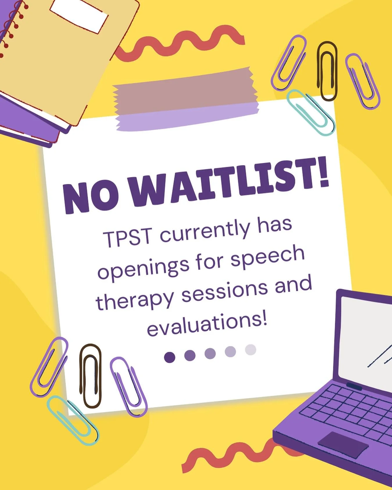 Toledo Pediatric Speech Therapy is ready to support your child&rsquo;s speech goals without the wait! Let&rsquo;s start your child&rsquo;s speech journey today! 🥳🗣️💬

Email us at office@toledospeechtherapy.com to schedule today!