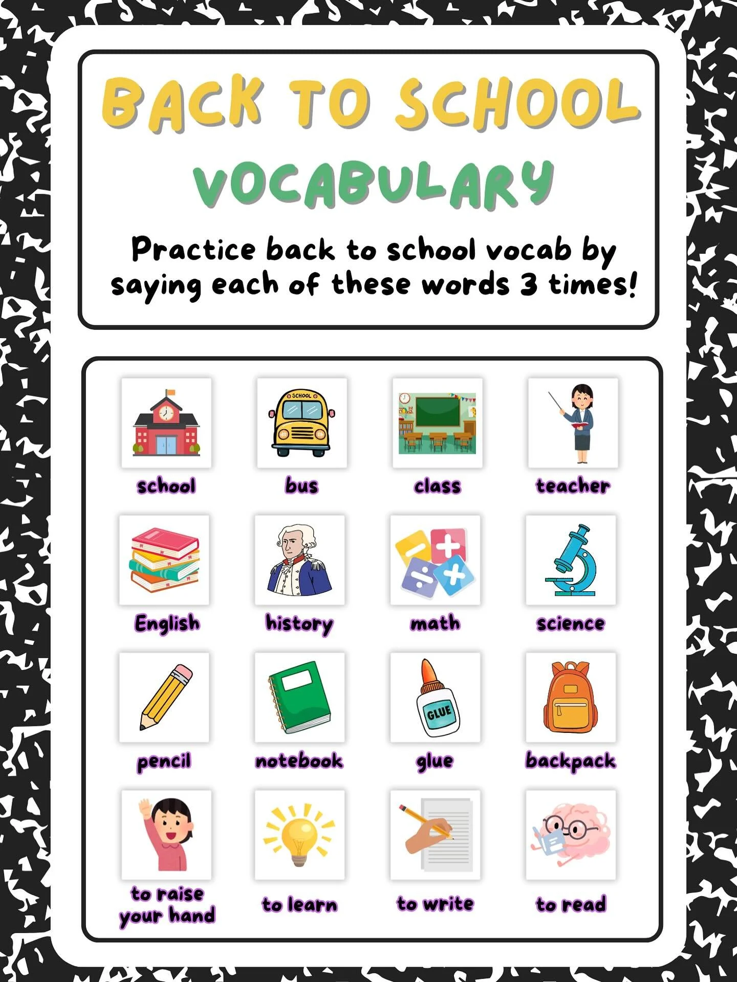 Happy first day of school! 📚✏️📝

It&rsquo;s officially back to school time! Spend some time practicing these fun vocabulary words before the first day of school by repeating each word 3 times! 

Another way to practice is by having your child descr