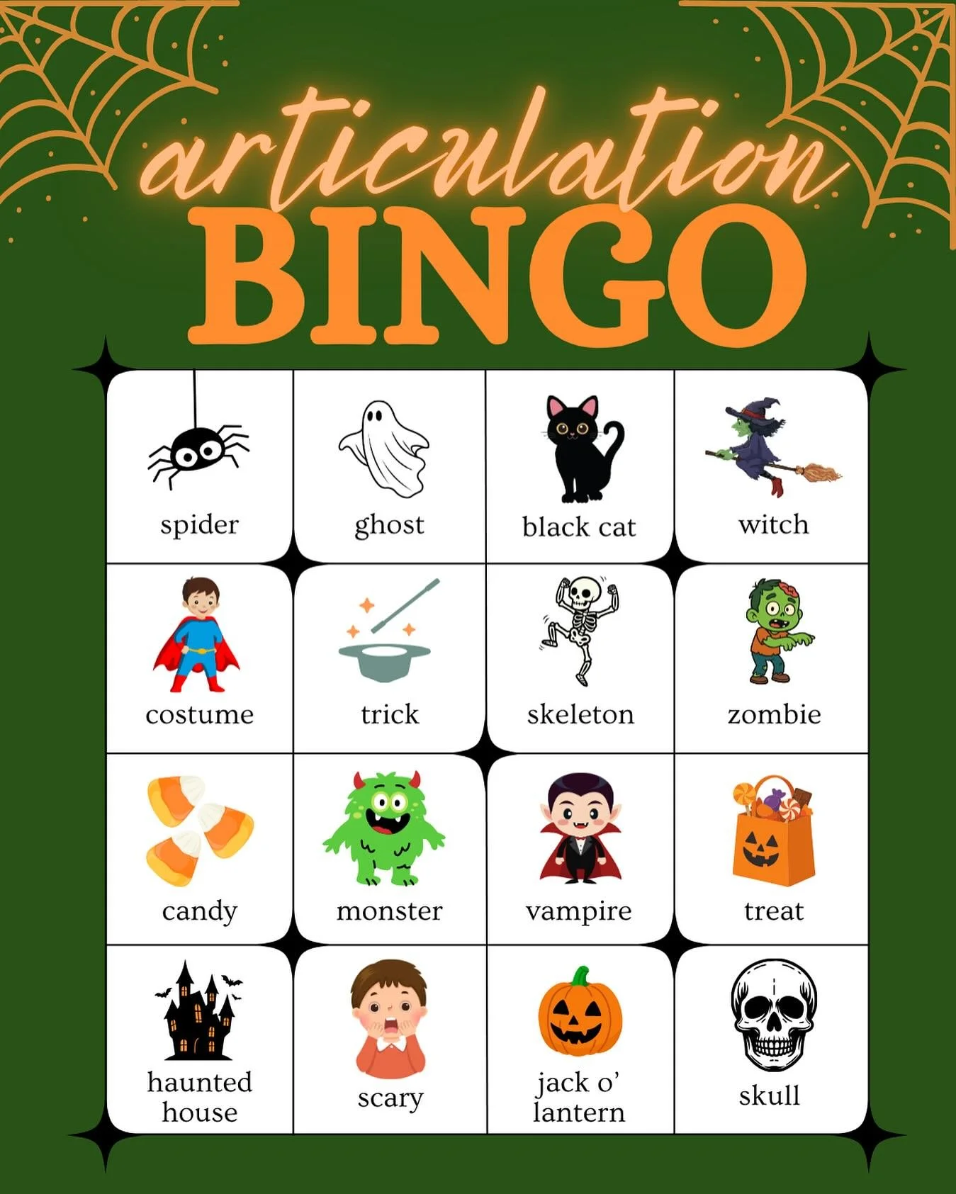 Practice your speech skills with a frightful activity! See if your child can get four in a row by saying all the speech sounds in the target words! 

#halloween #speechtherapy #articulation