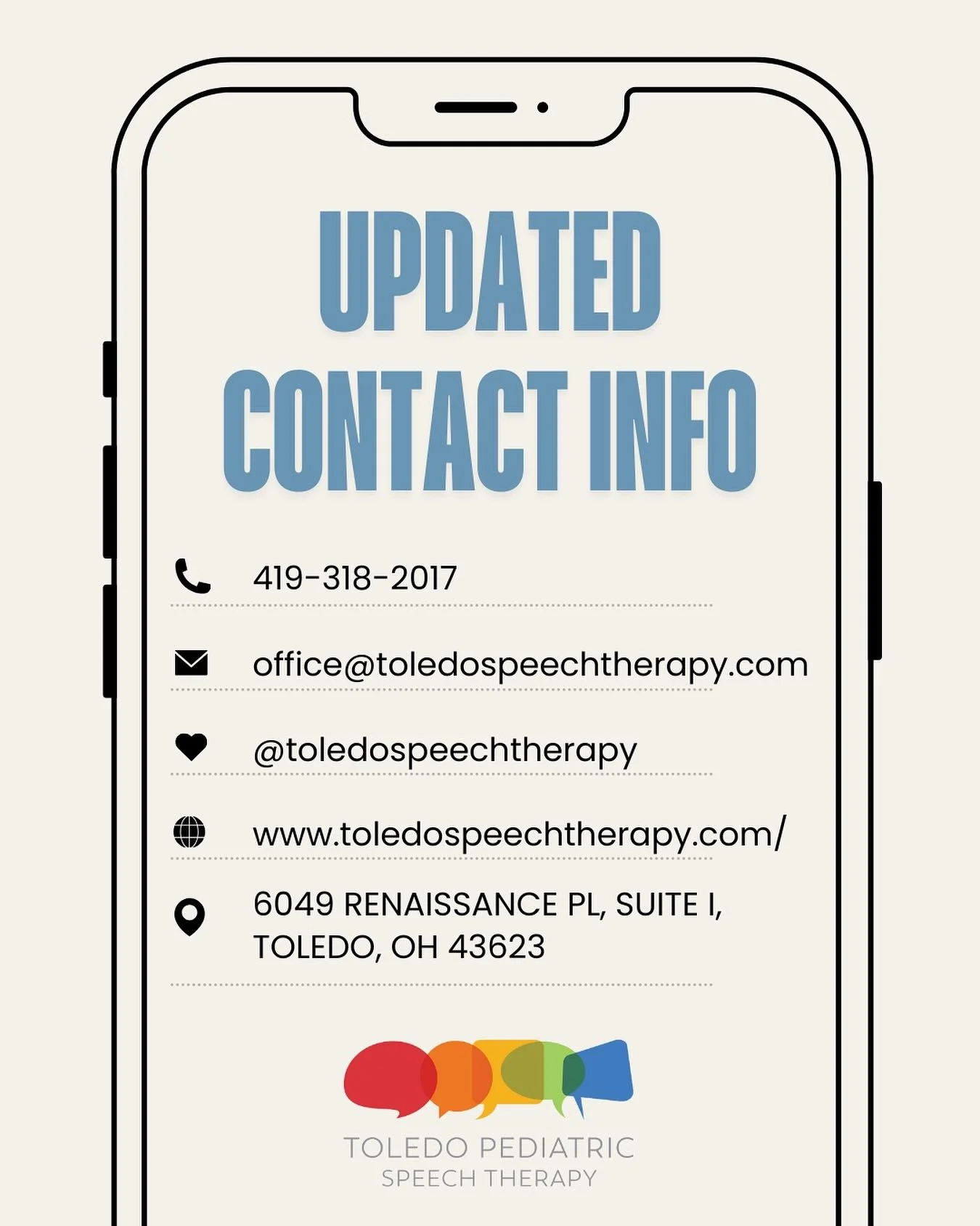 We have NEW contact info! 🗣️📱

Feel free to reach out with any questions or to schedule an evaluation. We look forward to supporting you child&rsquo;s communication journey!