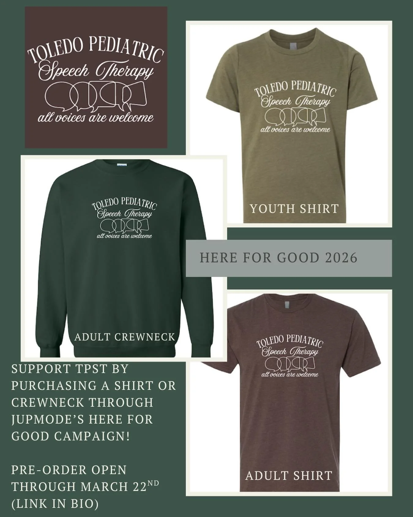 We are so excited that @jupmode &lsquo;s Here for Good program is back!  Please support TPST by purchasing a shirt or crewneck designed by SLP Rachel! 

Pre-orders open through March 22nd. Shirts will be shipped in April.