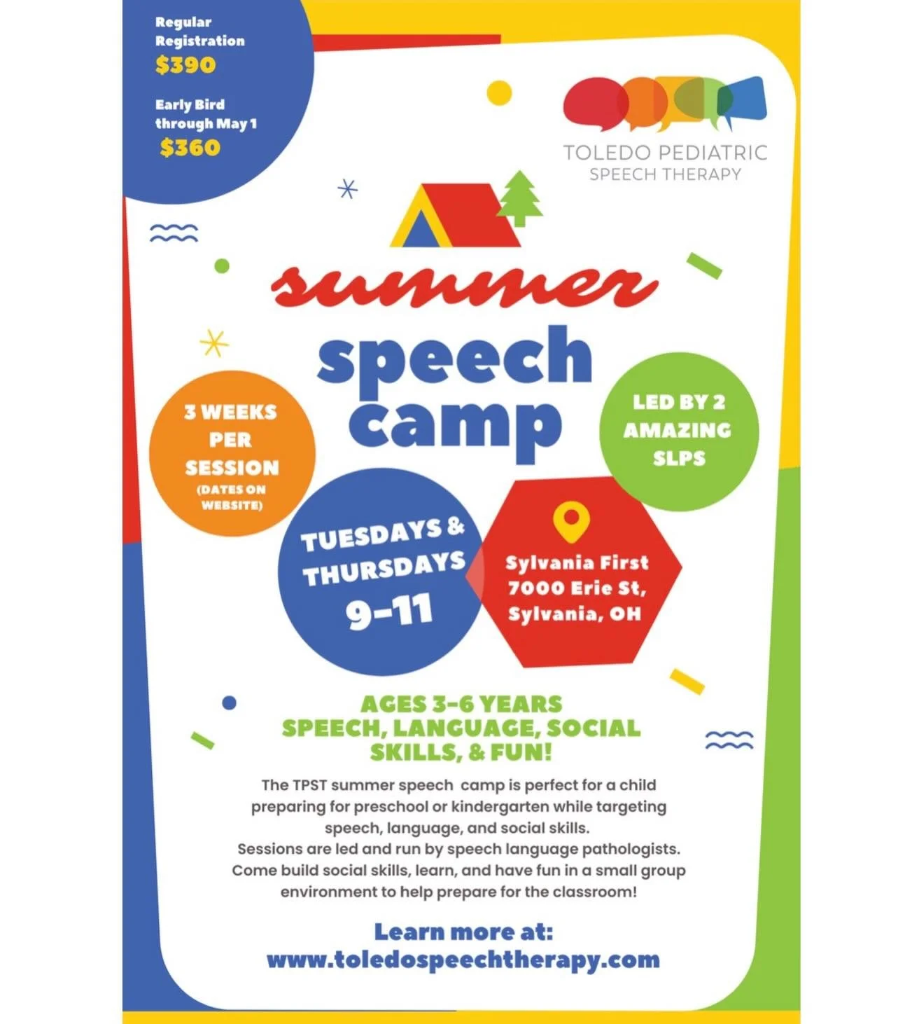 Summer speech camp registration is officially open! 🏕️ checkout our website for more details or email office@toledospeechtherapy.com to register today!