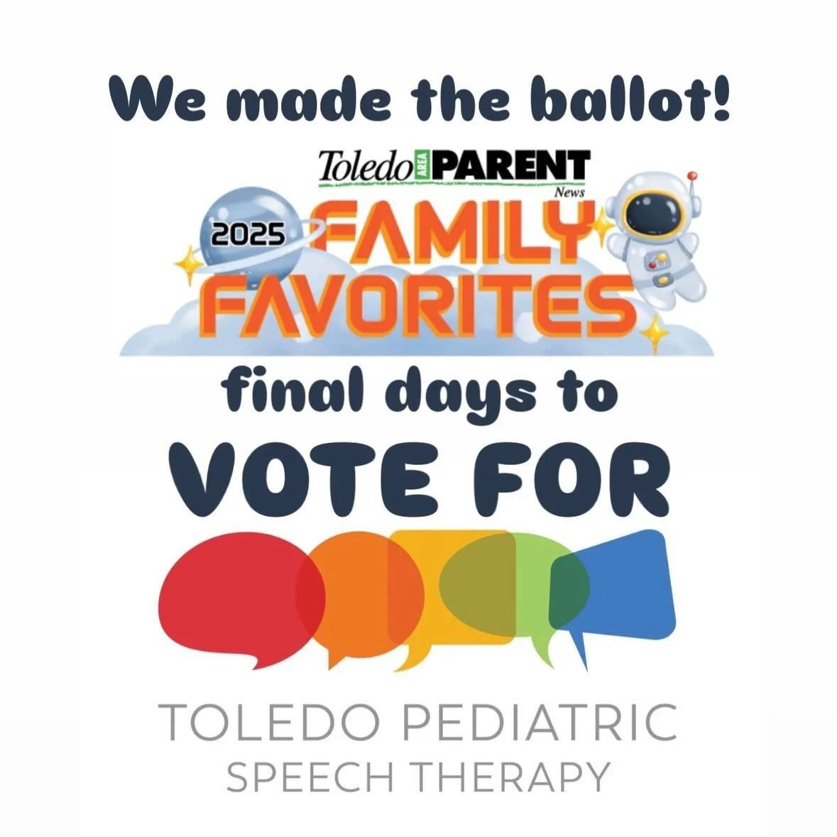 Thank you to those who nominated us! 🪐💫👩🏽&zwj;🚀

Cast your vote today to help us bring home the title for the 3rd year in a row! Voting is open through Wednesday, April 15 🗳️ link to vote in our bio or checkout @toledoparent
