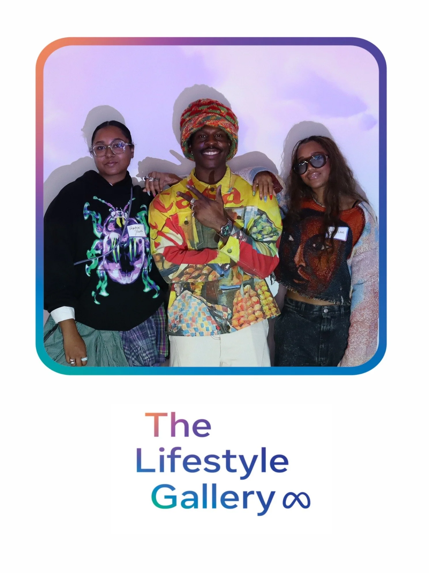 Three people with colorful clothing and sunglasses posing for a photo, with a text overlay that says 'The Lifestyle Gallery ∞'.