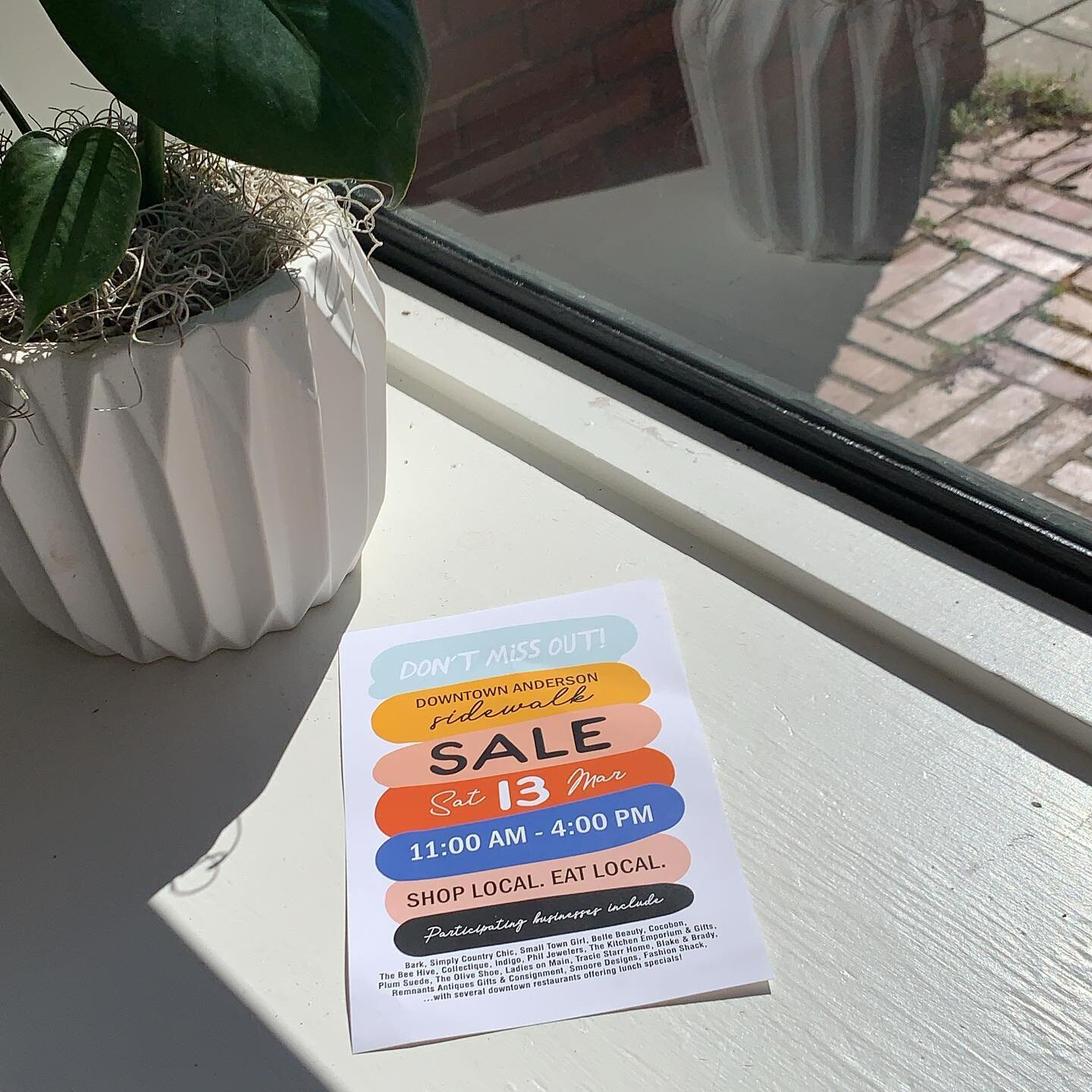 Enjoying our sunny office window and basking in our excitement about the upcoming sidewalk sale! So many of our downtown friends will be there on March 13th! 🤩🤩 #shoplocal #downtownandersonsc