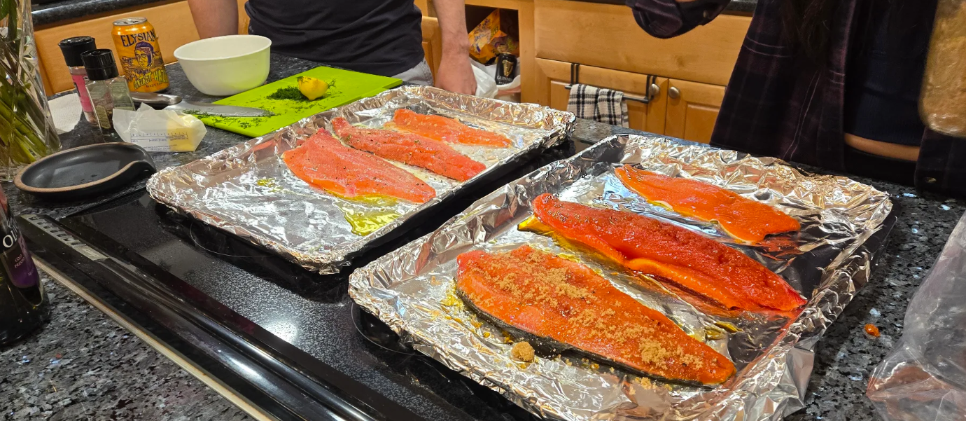 Six deliceasouly cooked coho salmon fillets caught on Wind Knot Salmons guides charter