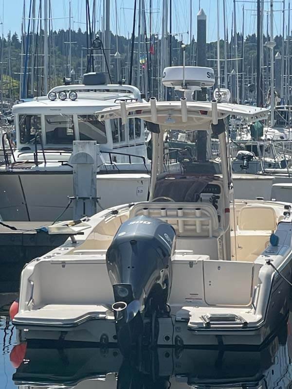 Grady White salmon charter boat moored at Shilshole Bay Marina in Ballard, Washington