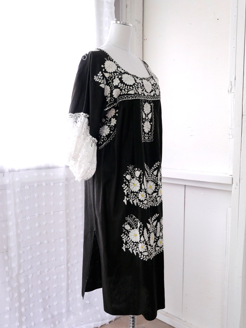 1960s/70s LONG BLACK EMBROIDERED MEXICAN DRESS WITH LACE SLEEVES 