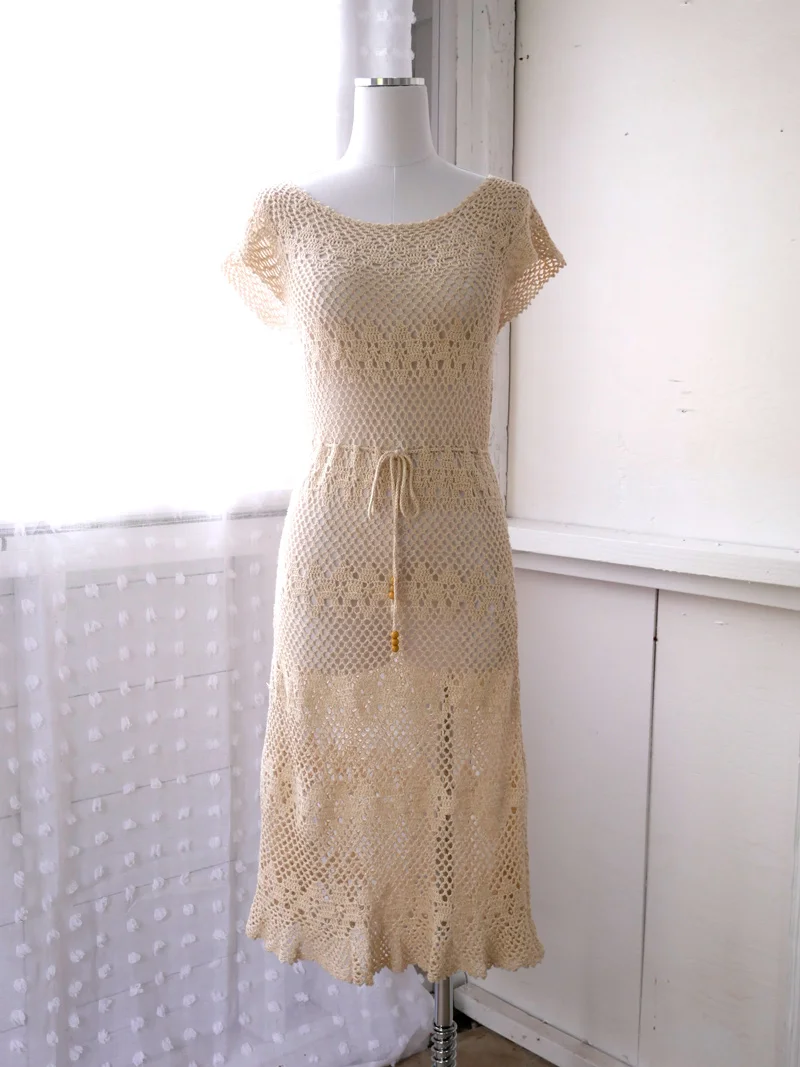 1960s/70s CREAM CROCHETED DRESS WITH BEADED WAIST TIE