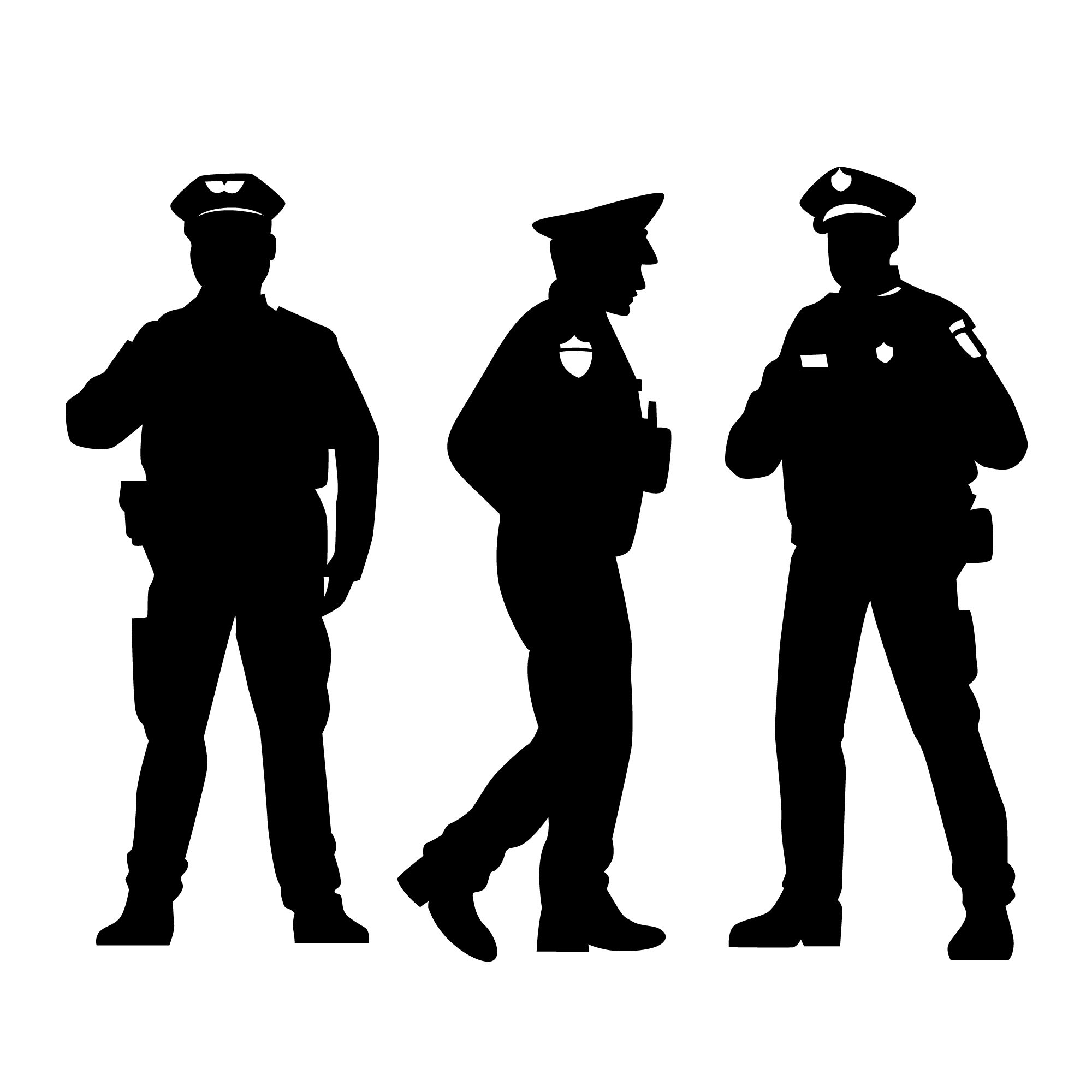 Silhouettes de trois policiers en uniforme, debout et discutant.