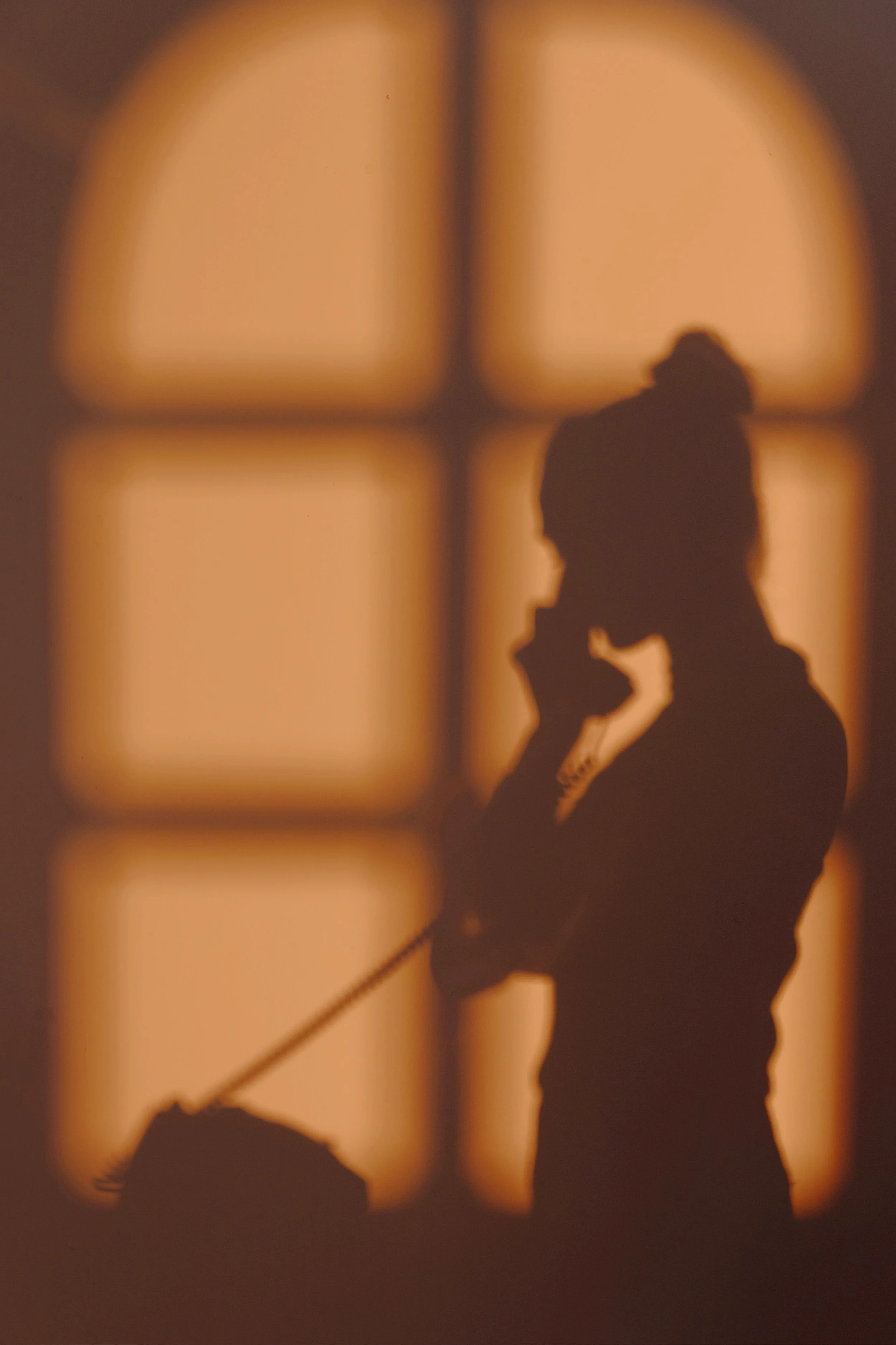 Silhouette d'une femme avec un chignon, tenant une valise ou un sac à main et un téléphone, avec une fenêtre à quatre carreaux en arrière-plan, éclairée d'une lumière orangée.