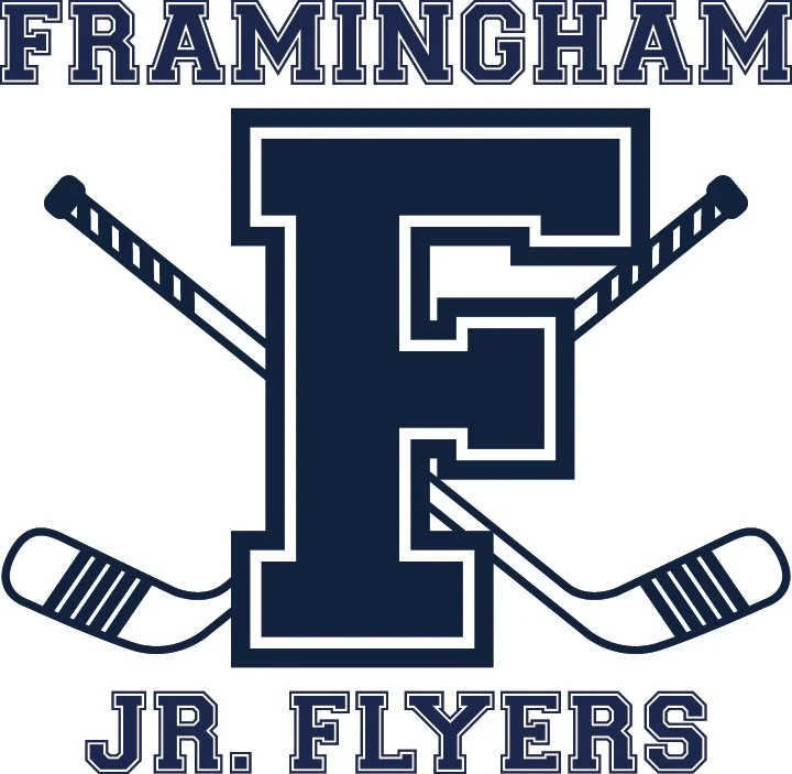 School logo featuring a large letter 'F' with crossed hockey sticks and a puck, and text reading 'Framingham Jr. Flyers'.