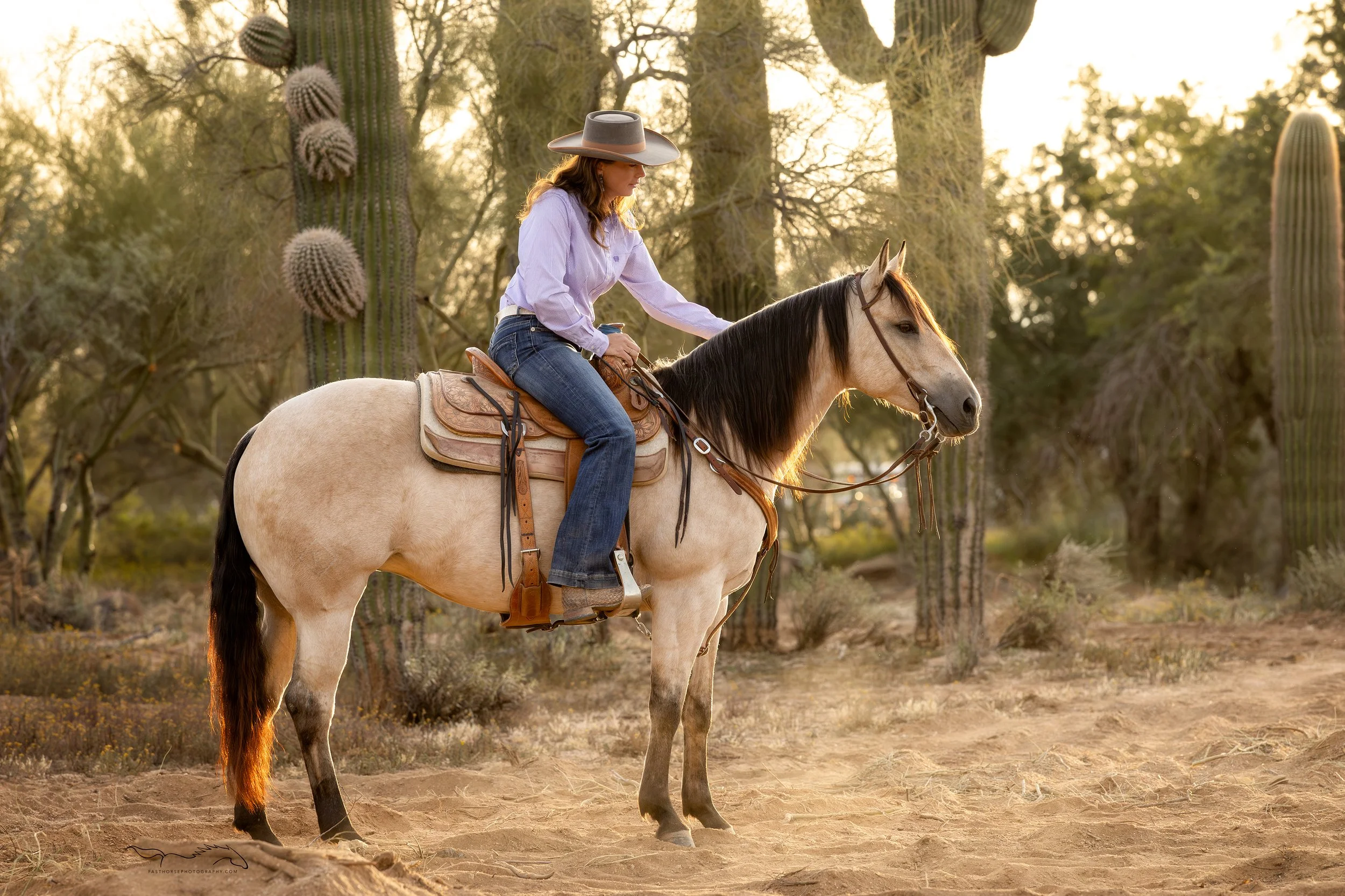 Rider sits on her horse while patting her neck. Desert cactus in the background.
