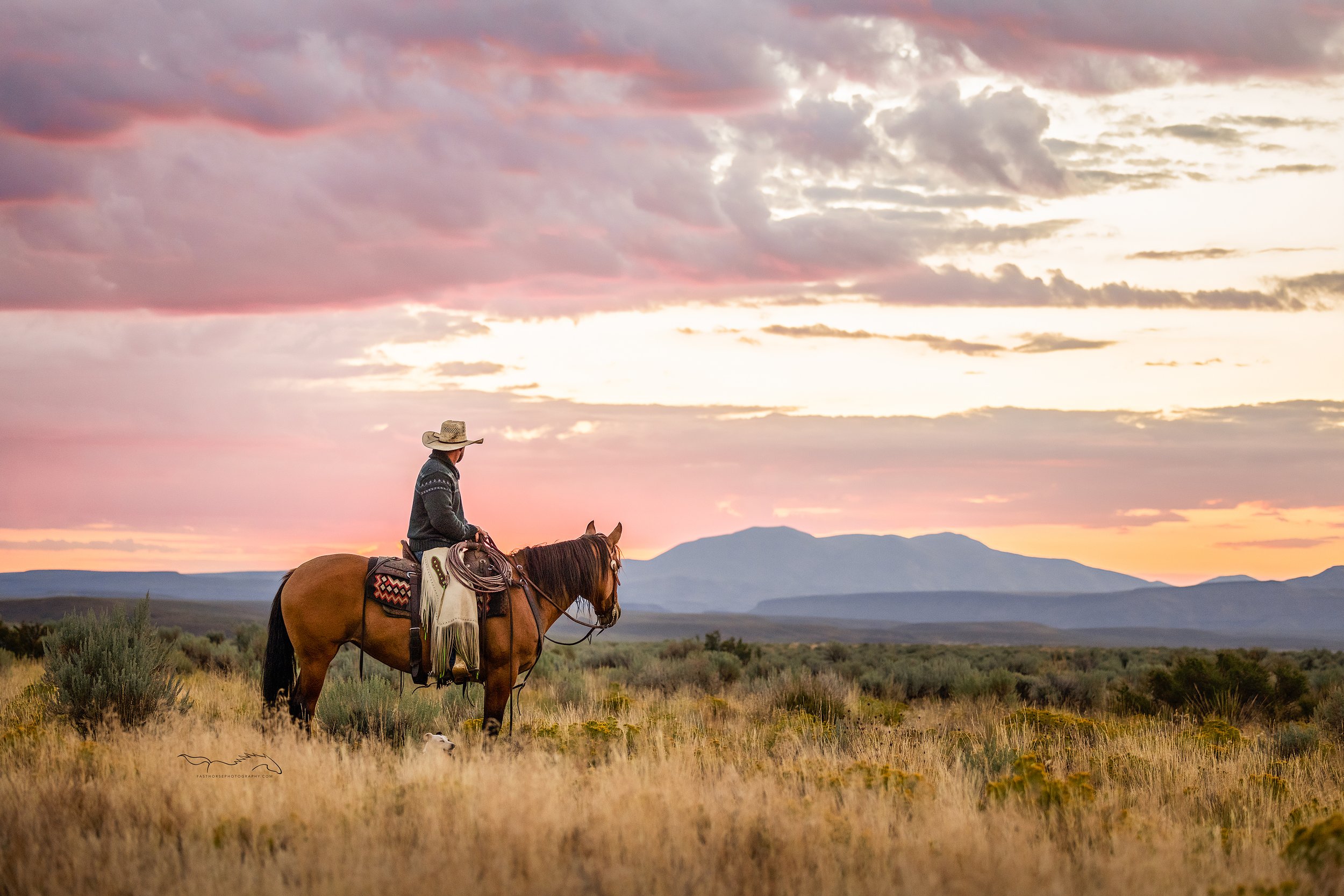 cowboy sits on his horse watching the sun rise in Nevada.