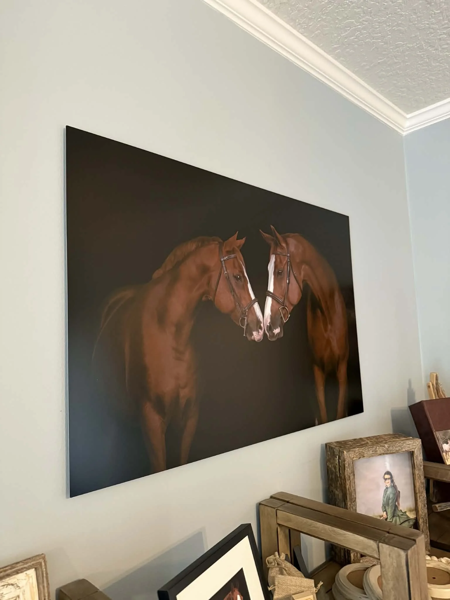 Metal print of two horses touching noses