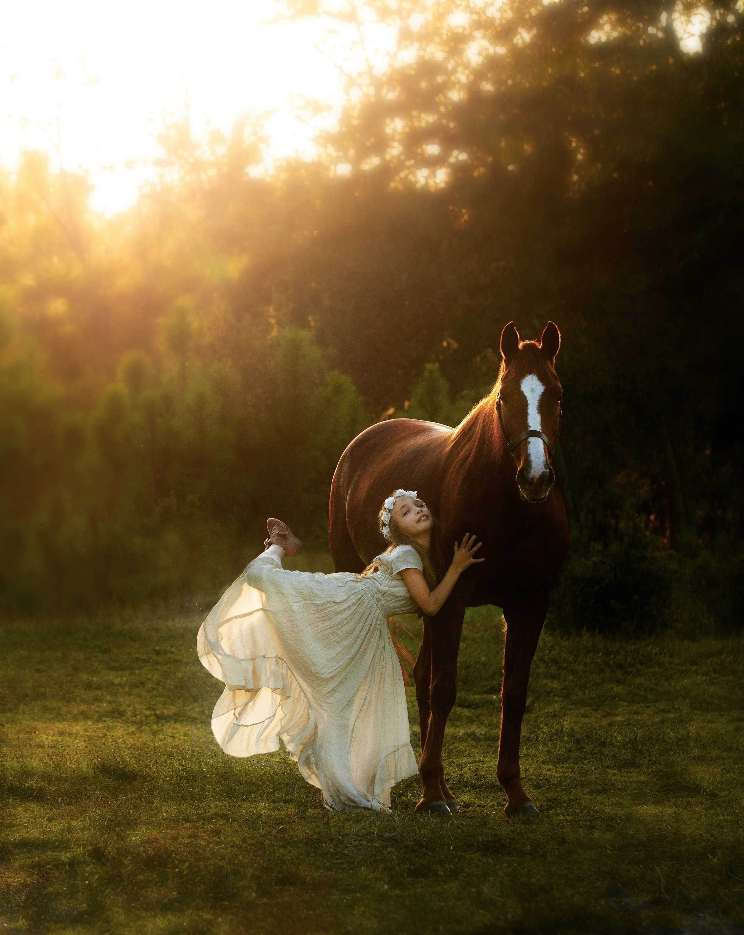 horse girl and dancer with her horse at sunset