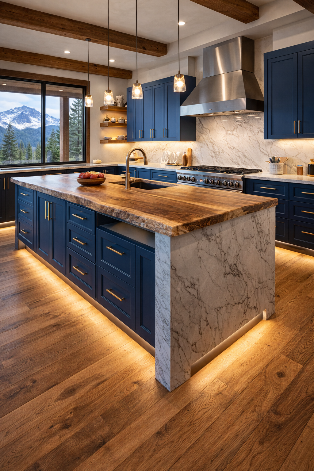 Remodel in Durango, Co with Hickory Floors, Live Edge Countertop, Blue Cabinets