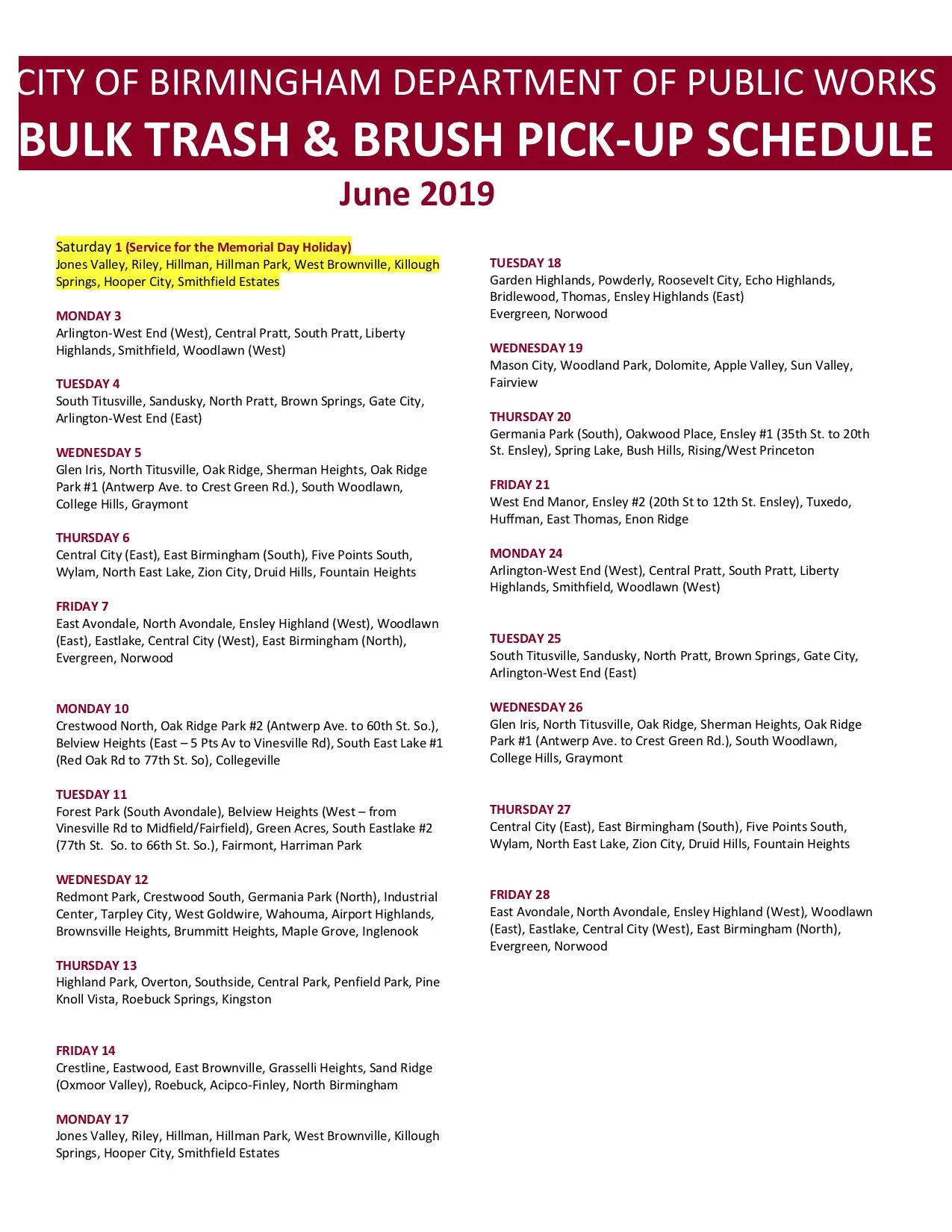 Public Works Announces New Bulk Trash Pick up Schedule For June D5 