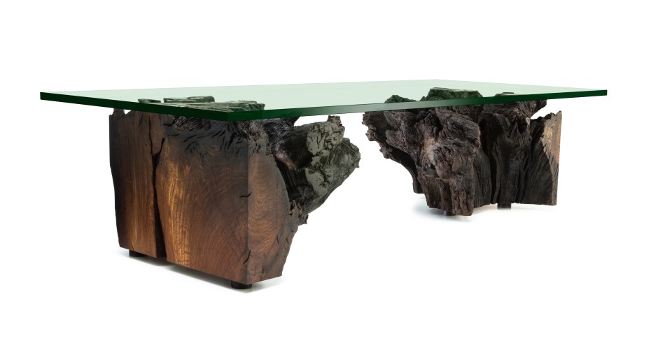 Prehistoric Bog Oak Root Low Table, with Glass