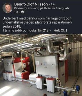 pannrum med stora vita och röda  pannor. Texten nämner Bengt-Olof Nilsson och beskriver låg driftkostnad och underhåll av utrustning sedan 2018.