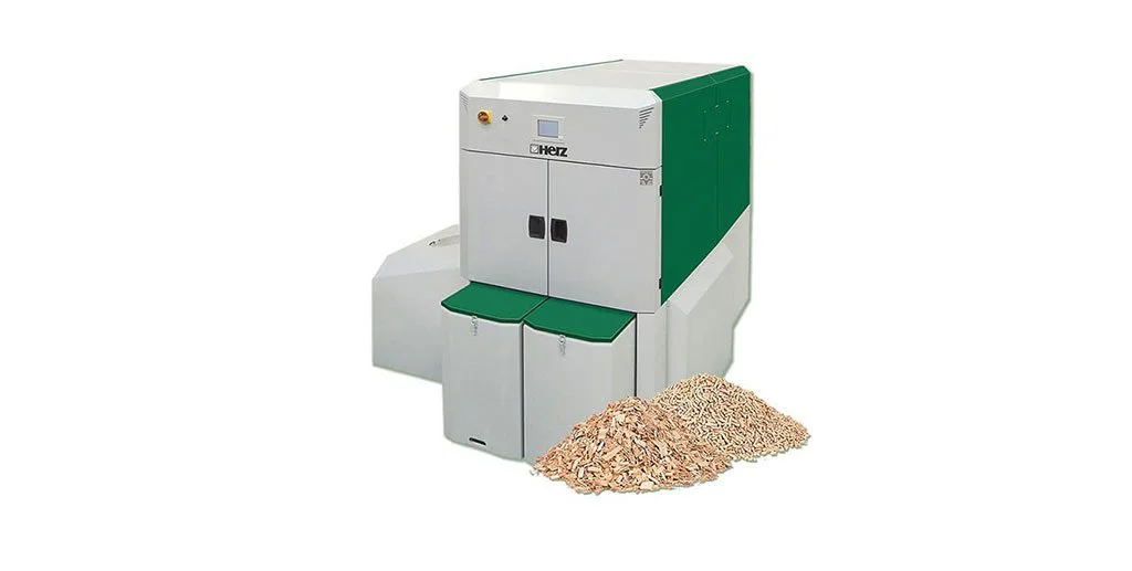 Bioenergy boiler with stack of wood pellets in the foreground, white and green design.