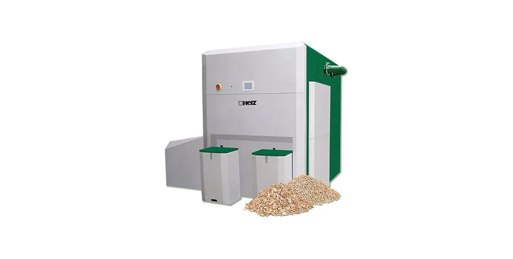 Biofuel-fired boiler with piles of wood chips and pellets