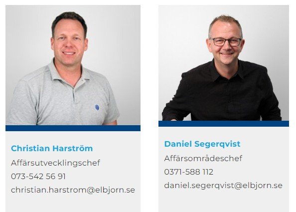 Två bilder av personer med namn, titel och kontaktinformation. Den första personen heter Christian Harström och är affärsutvecklingschef, med telefonnummer och e-post. Den andra personen heter Daniel Segerqvist och är affärsområdeschef, också med telefonnummer och e-post.