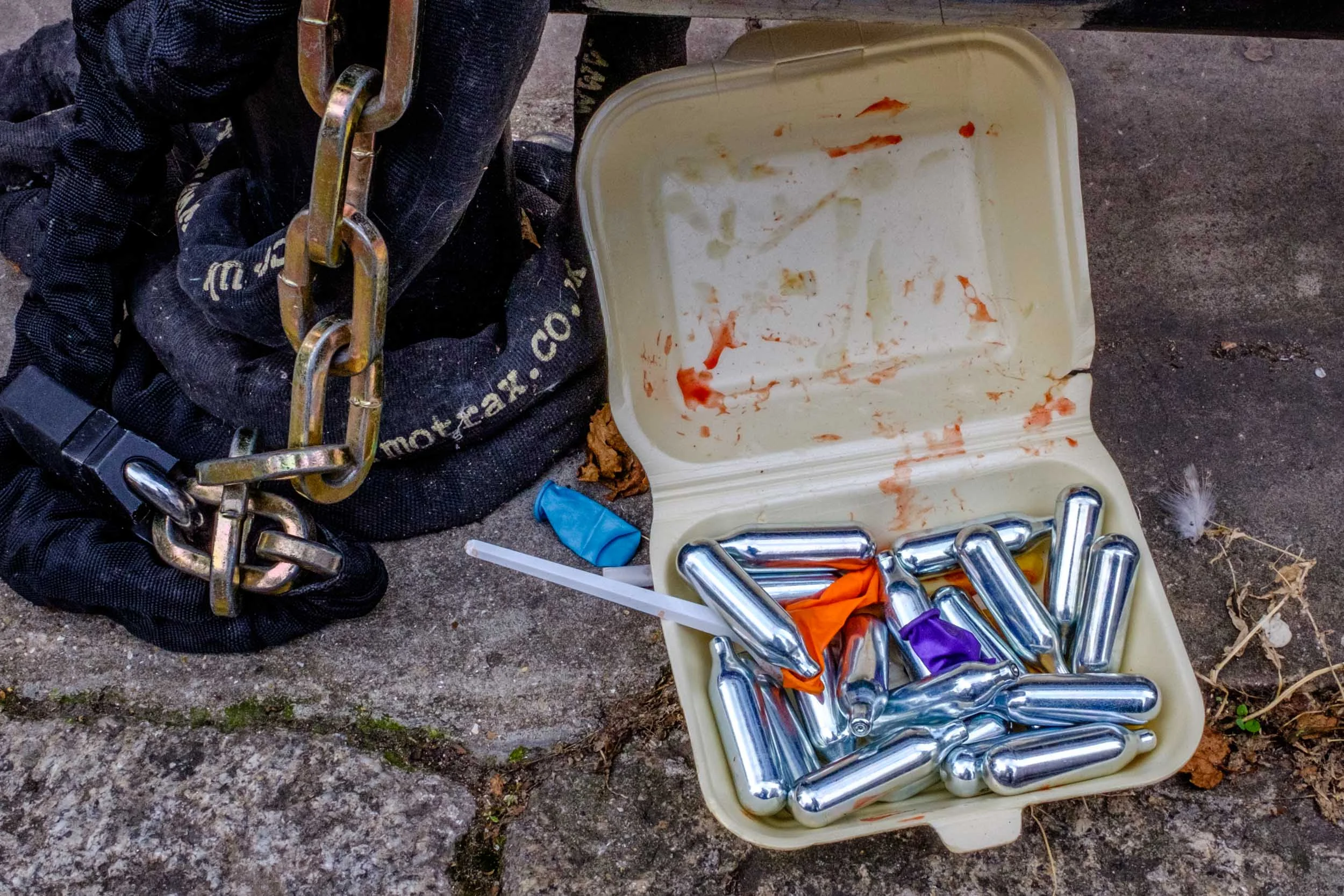 Nitrous Oxide Canisters, Balloons, Plastic Fork, Polystyrene Container. London 2017