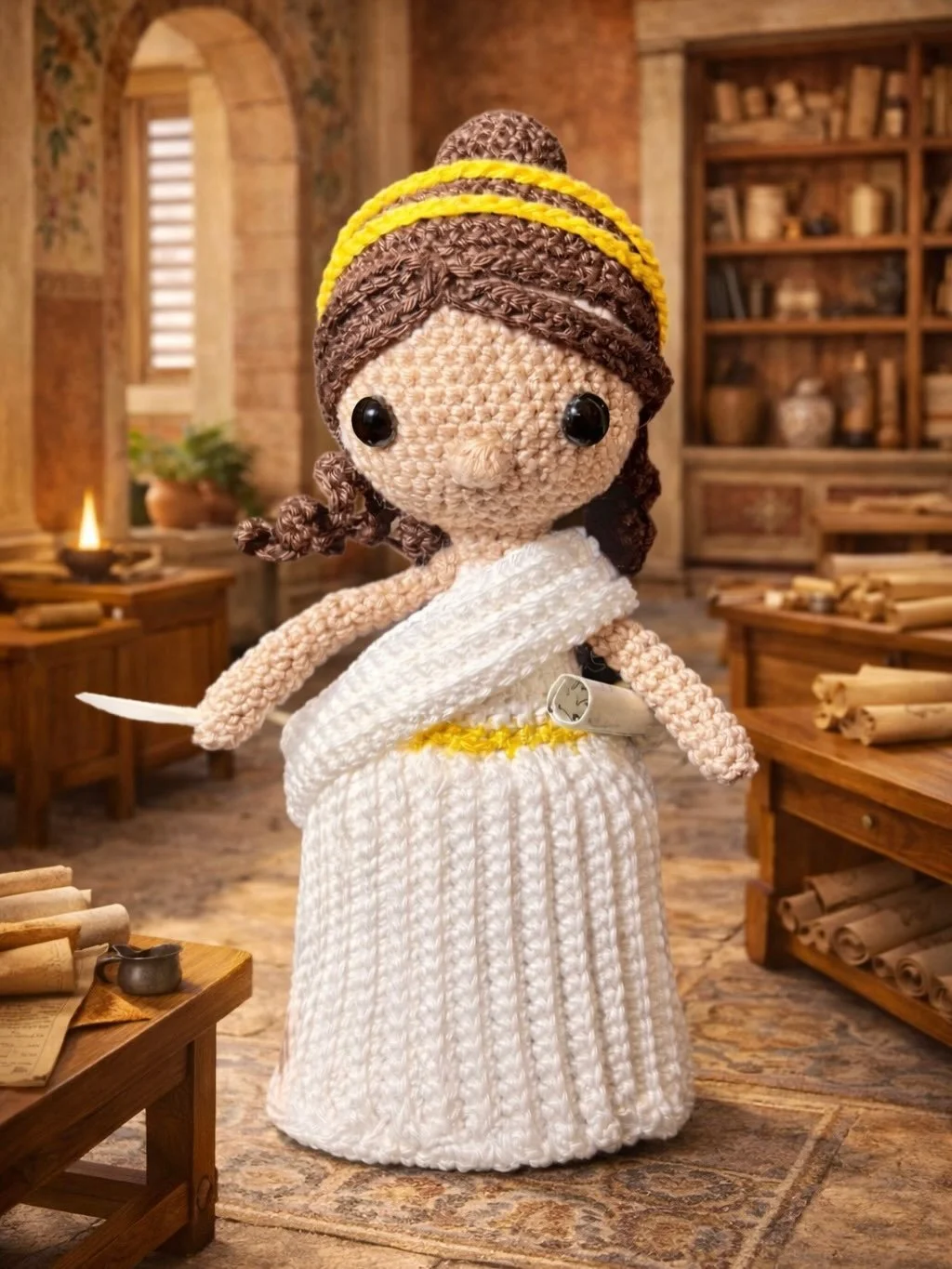 When I&rsquo;m not calligraphing, I&rsquo;m crocheting. The first image is the ancient female scribe in my logo brought to life, complete with a tiny feather quill cut from one of my own and a parchment scroll tucked under her arm. After I make and p