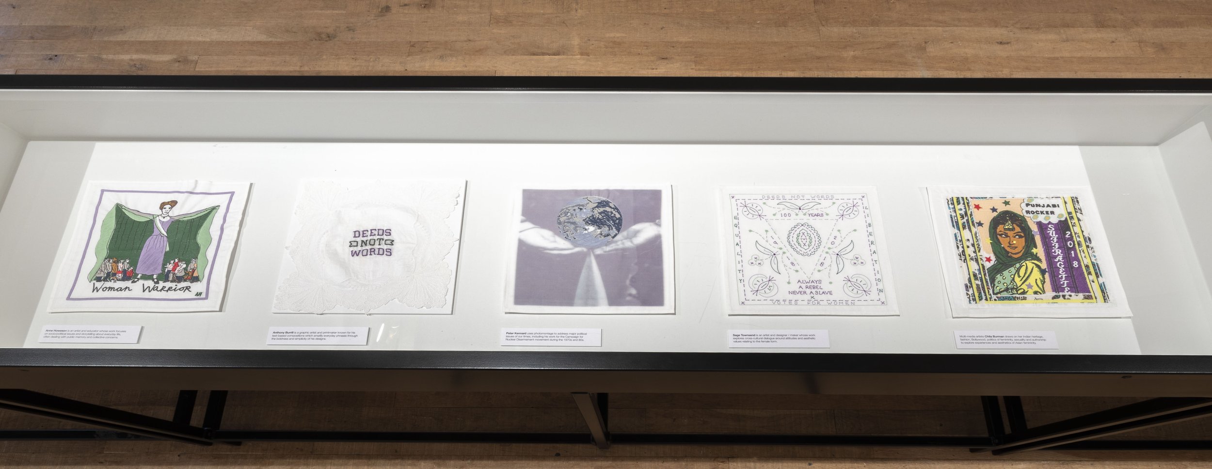 Installation view of Motive/Motif: Artists Commemorate the Suffragettes, Ruthin Craft Centre, 2023.