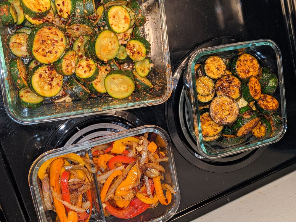 Steamed spicy zucchini , steamed chili garlic zucchini &amp; sautéed bell peppers