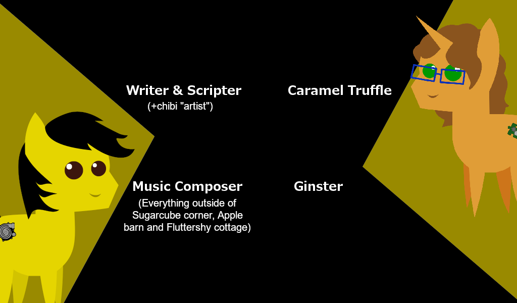 That first credit slide is one of my favourite images I made for the game; the ponies are old creations of mine. I still like Caramel Truffle, on the right, but am now unsatisfied with Ginster, on the left. Most of the text is from the image used in the demo, and I lost the source file, making it un-editable. I added updates to that text, but probably with a different police. I added the shape on the left as a way to make the black mane visible, then copy-pasted it on the right and double flipped it. The retro look inspired me into making a retro title for the main screen afterwards. The resolution of the game is 1024x600 because I had a laptop with that resolution and was frustrated every time I tried to open a piece of software and was greeted with a message telling me that the minimum resolution was 1024x660. Or something like that; I haven’t touched the device for years now and have since moved on to better resolutions.