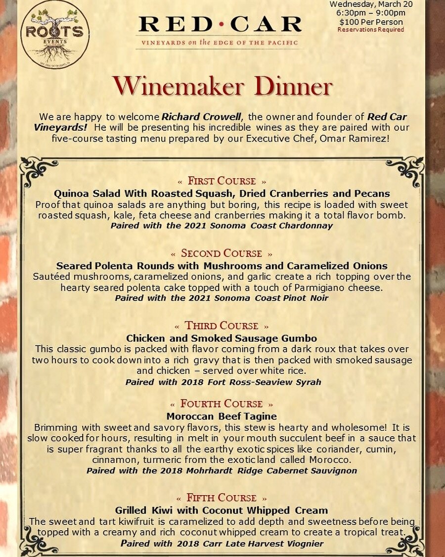 March Chef Meets Winemaker Dinner: 
🍷 Red Car Vineyards founder &amp; owner Richard Crowell will be pouring his famous wines at the wine bar on Wednesday, March 20th ~ paired with our Chef Omar&rsquo;s dishes! 
🐣🌸 Easter is coming early this year 