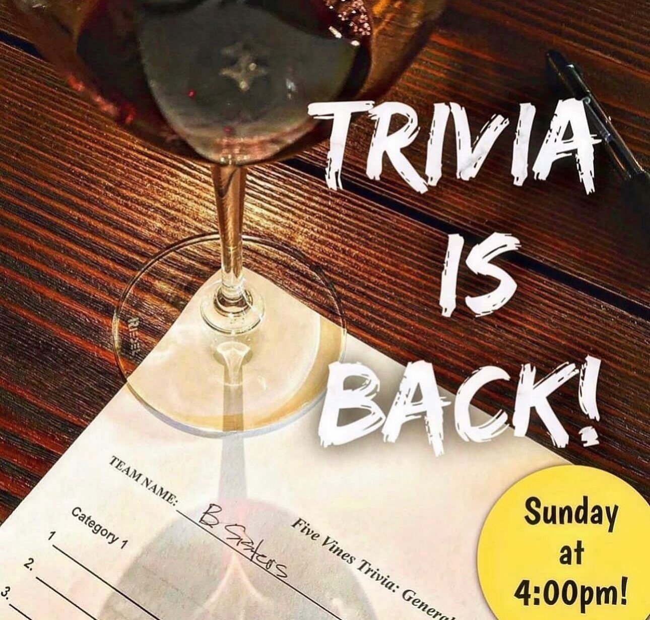 Sunday Funday Trivia is Back 🥳 with MC Cole! 
⏰ This Sunday, March 24th starting at 4:00pm! Come early to grab a table you don&rsquo;t want to miss the fun
👯Team of up to 4 players per team! Start gathering your team 
🏆 3 rounds will be played - e