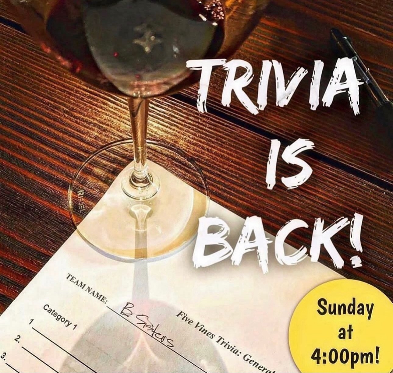 Trivia Time - Sunday Funday Trivia is Back for this Sunday with General Trivia being the theme this time with our MC Cole hosting! 
⏰ This Sunday, April 14th starting at 4:00pm! Come early to grab a table you don&rsquo;t want to miss the fun
👯Team o