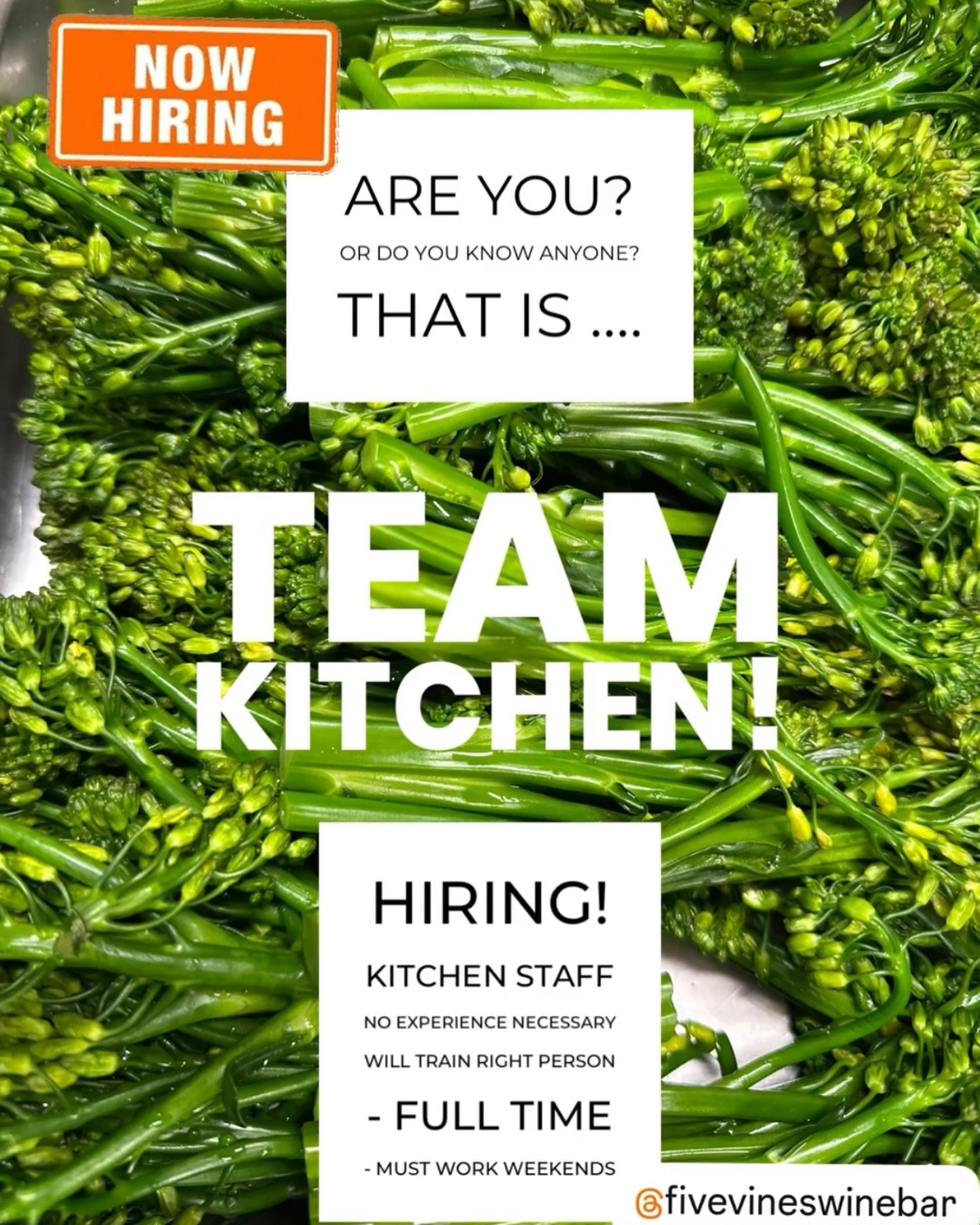 Join our Five Vines family @fivevineswinebar &hellip; 
Our amazing- award winning- nicest team ever-  Kitchen Team is hiring! 🥰
- No experience necessary (but would be great if you do have some) great opportunity to learn from the best!
- Passion to