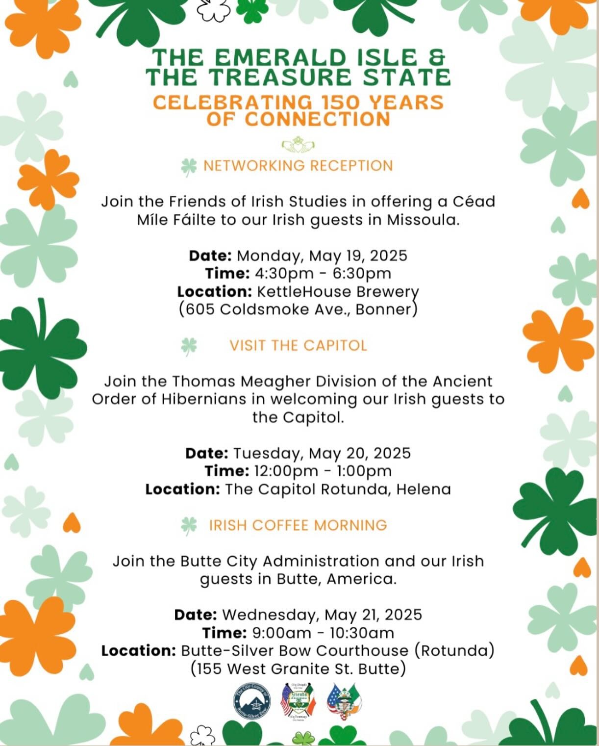 ☘️🇮🇪Montana Welcomes Irish Delegation🇮🇪☘️

☘️The Friends of Irish Studies, Thomas Meagher Division of the Ancient Order of Hibernians, the City-County of Butte-Silver Bow, members of the Montana World Affairs Council, and Montana Ambassadors eage