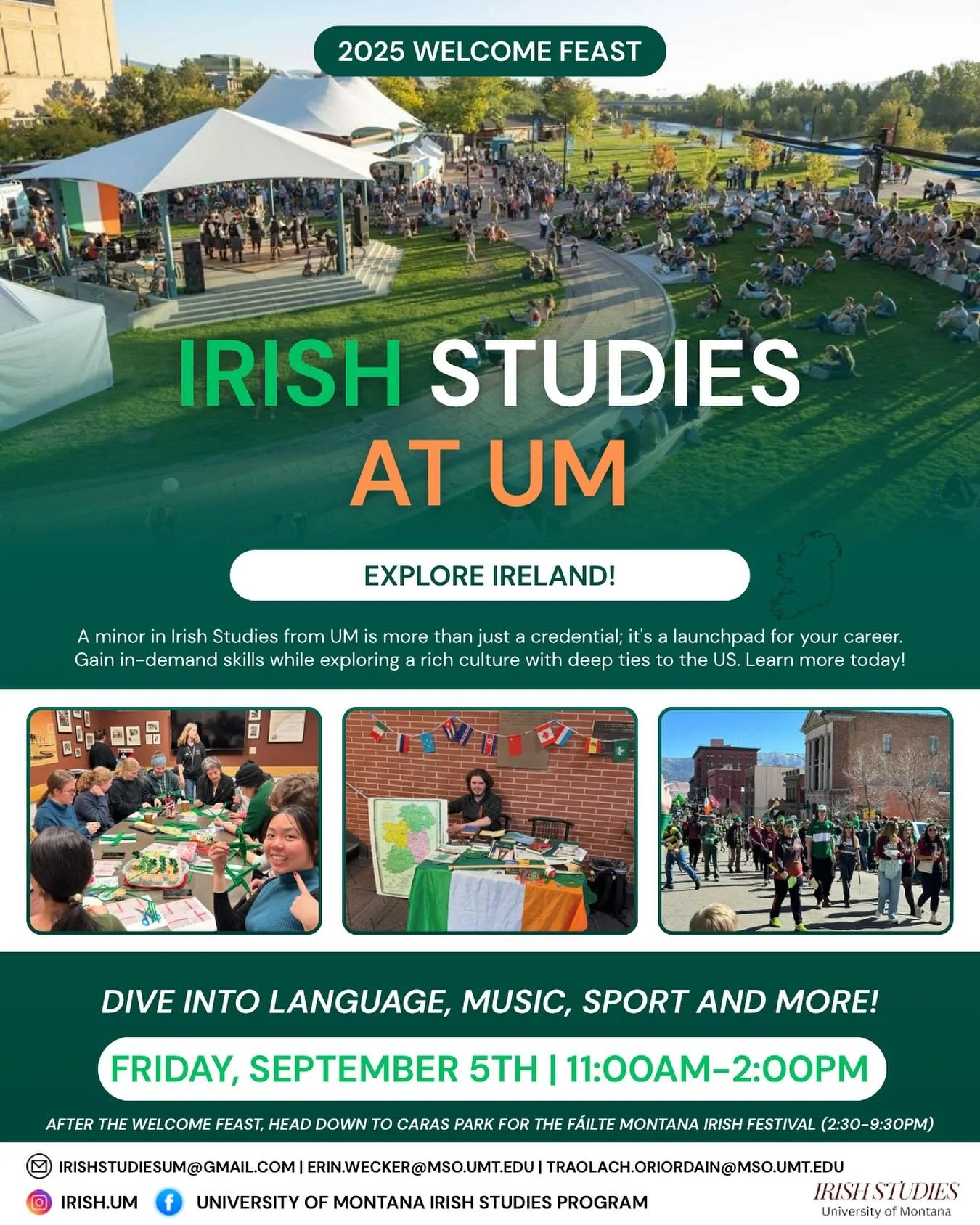 Join the University of Montana&rsquo;s Irish Studies Program at the WelcomeFeast on Friday, September 5th, from 11:00 AM to 2:00 PM (on the Oval). This is a great opportunity to explore our curriculum, which includes courses in Irish language, litera