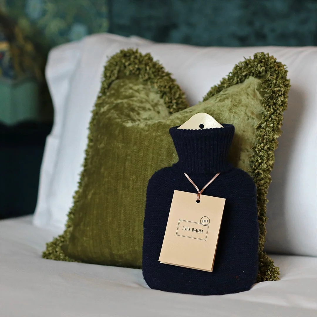 STAY COSY // Our hot water bottles are sustainably knit 100% merino wool from the west of Ireland, handmade by @ekotreeknitwear. As the nights grow colder, please ask at our Front Desk if you would like your water bottle filled with hot water, and ou