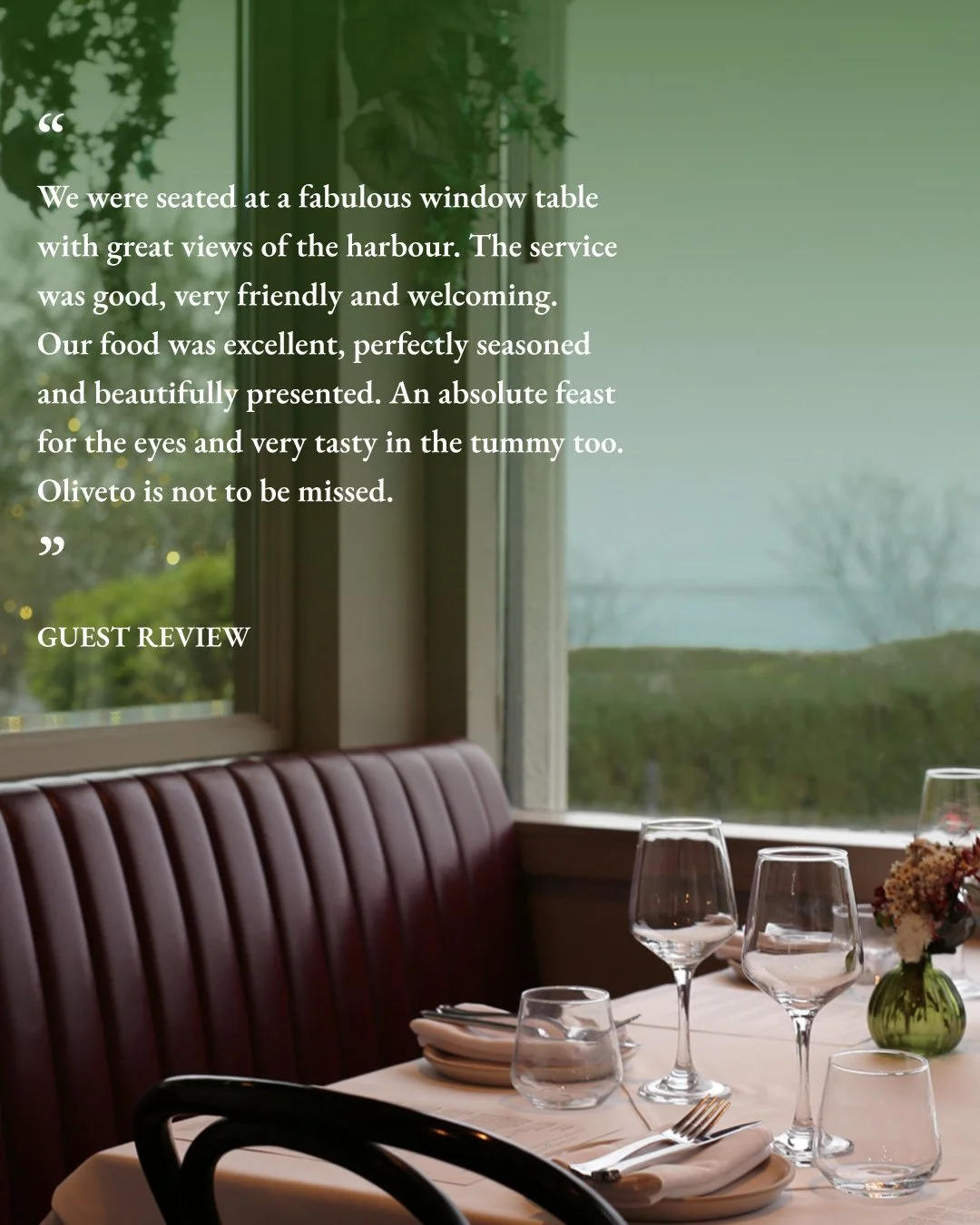 OLIVETO REVIEW // A wonderful review from a recent diner.⁠
⁠
"We were seated at a fabulous window table with great views of the harbour. The service was good, very friendly and welcoming. Our food was excellent, perfectly seasoned and beautifull