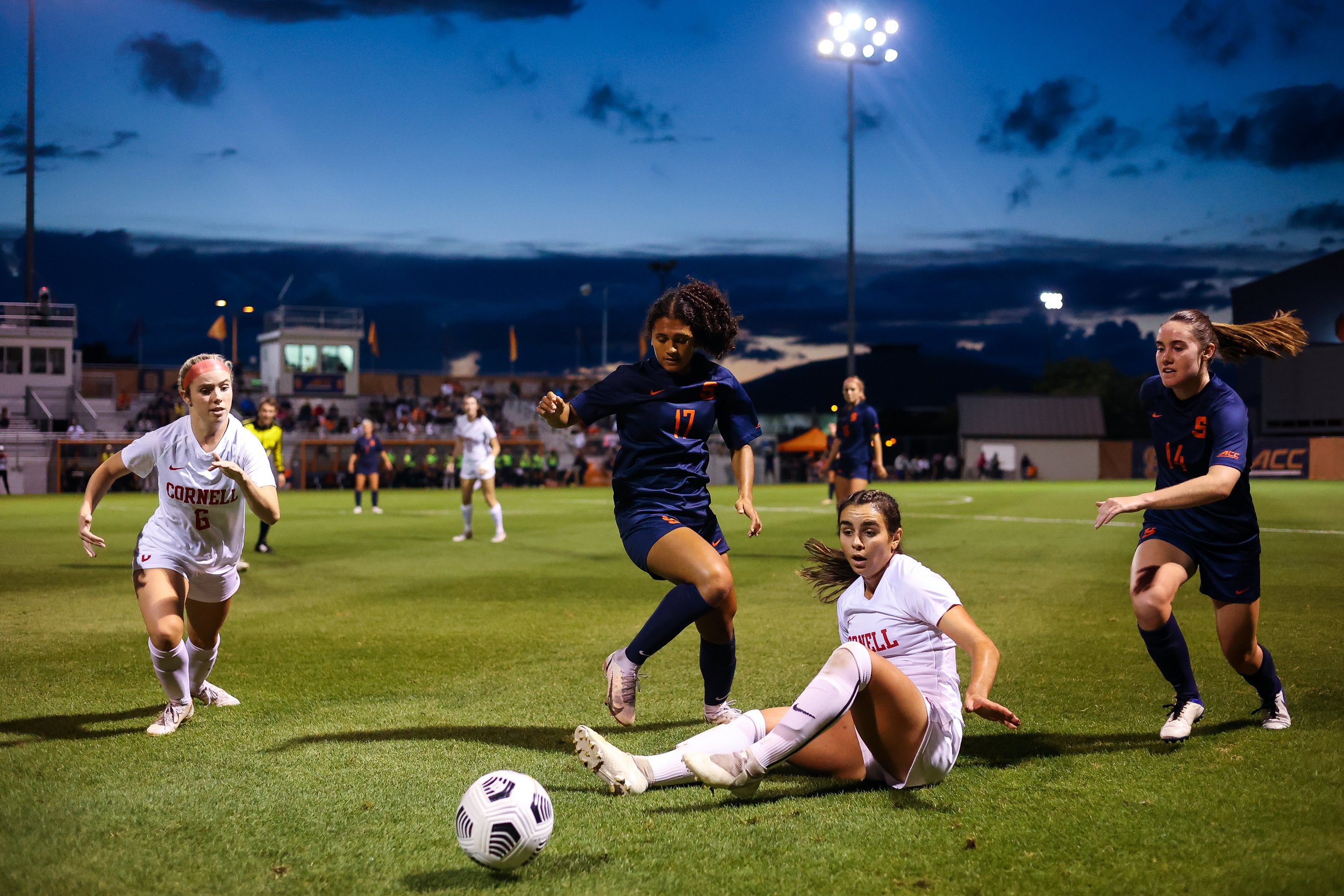  [Left to Right] Cornell's Ashley Durik, Syracuse's  Kylen Grant, Cornell's Evanthia Spyredes and Syracuse's Kate Murphy chase the ball after it was blocked by Spyredes during a Women's Soccer game at SU Soccer Stadium on September 9, 2021. 