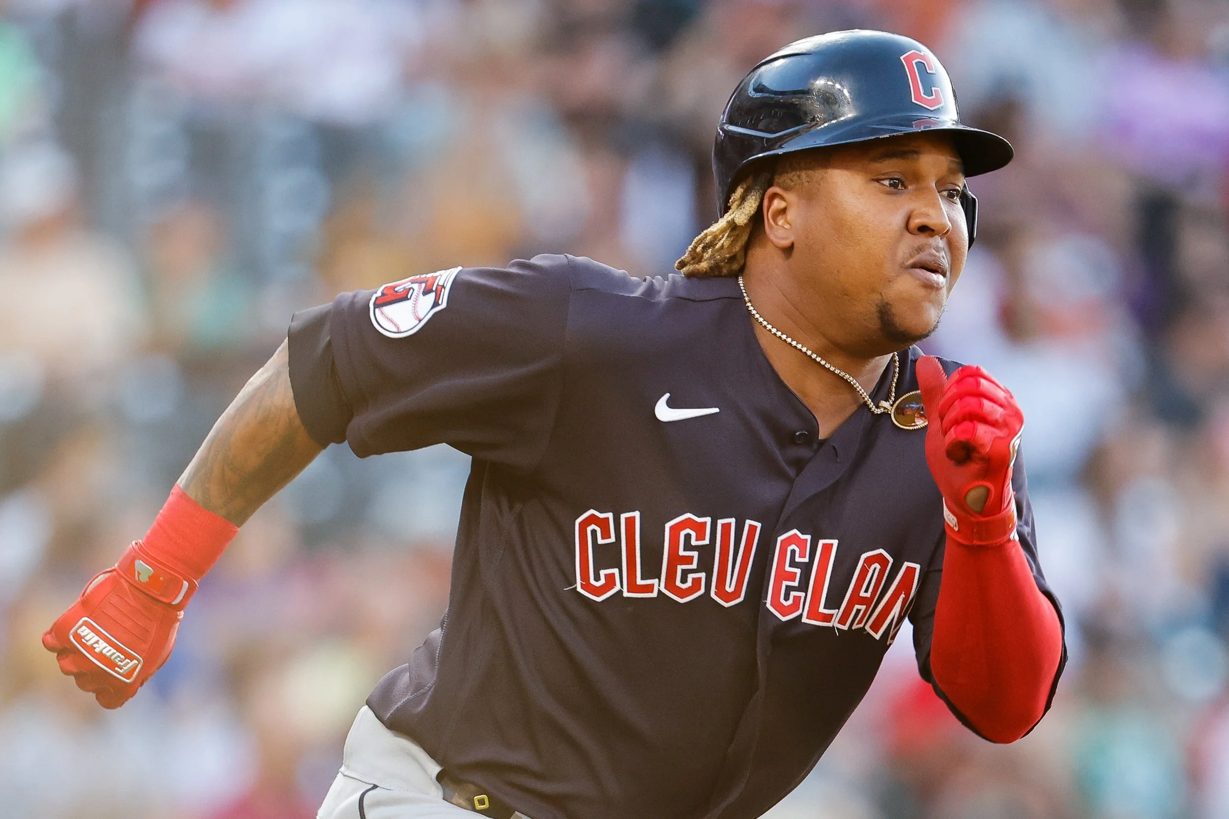  DENVER, CO - JUNE 15: Jose Ramirez #11 of the Cleveland Guardians runs a double against the Colorado Rockies at Coors Field on June 15, 2022 in Denver, Colorado. (Photo by Isaiah Vazquez/Clarkson Creative/Getty Images) 