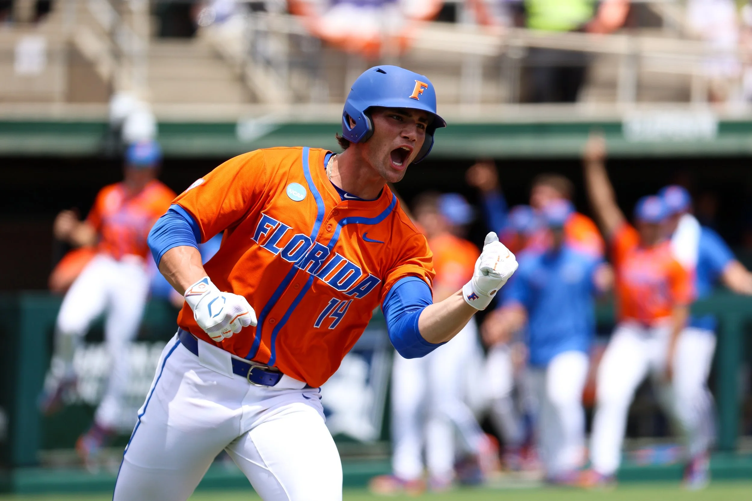  Jac Caglianone #14 of the Florida Gators home run during the first inning during the Gators' game against the Clemson Tigers in Super Regionals on Sunday, June 9, 2024 at Doug Kingsmore Stadium in Clemson, SC / UAA Communications photo by Isaiah Vaz