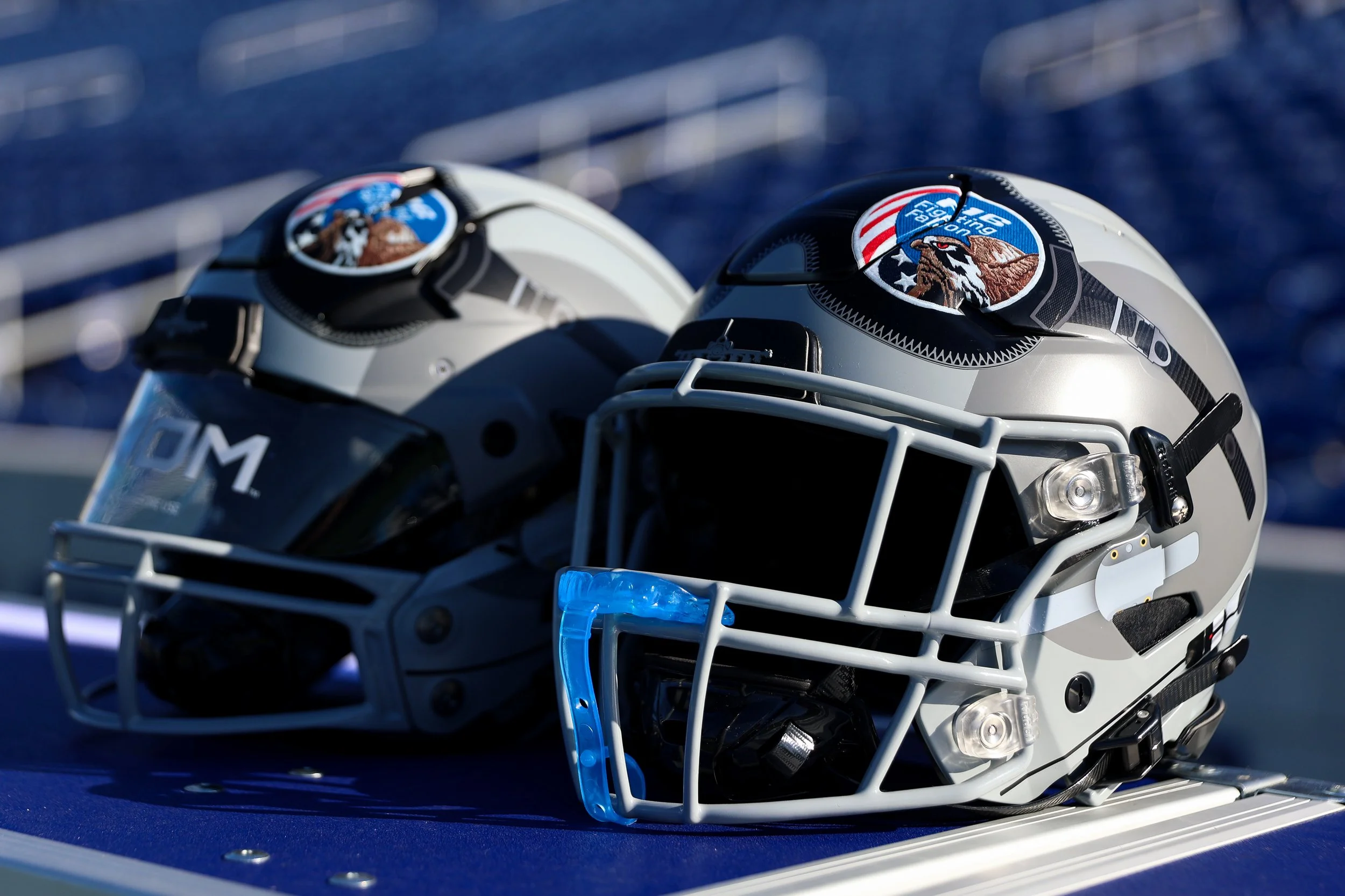  ANNAPOLIS, MARYLAND - OCTOBER 4: An Air Force Falcons helmet is shown on the sidelines before the game against the Navy Midshipmen at Navy-Marine Corps Memorial Stadium on October 4, 2025 in Annapolis, Maryland. (Photo by Isaiah Vazquez/Getty Images